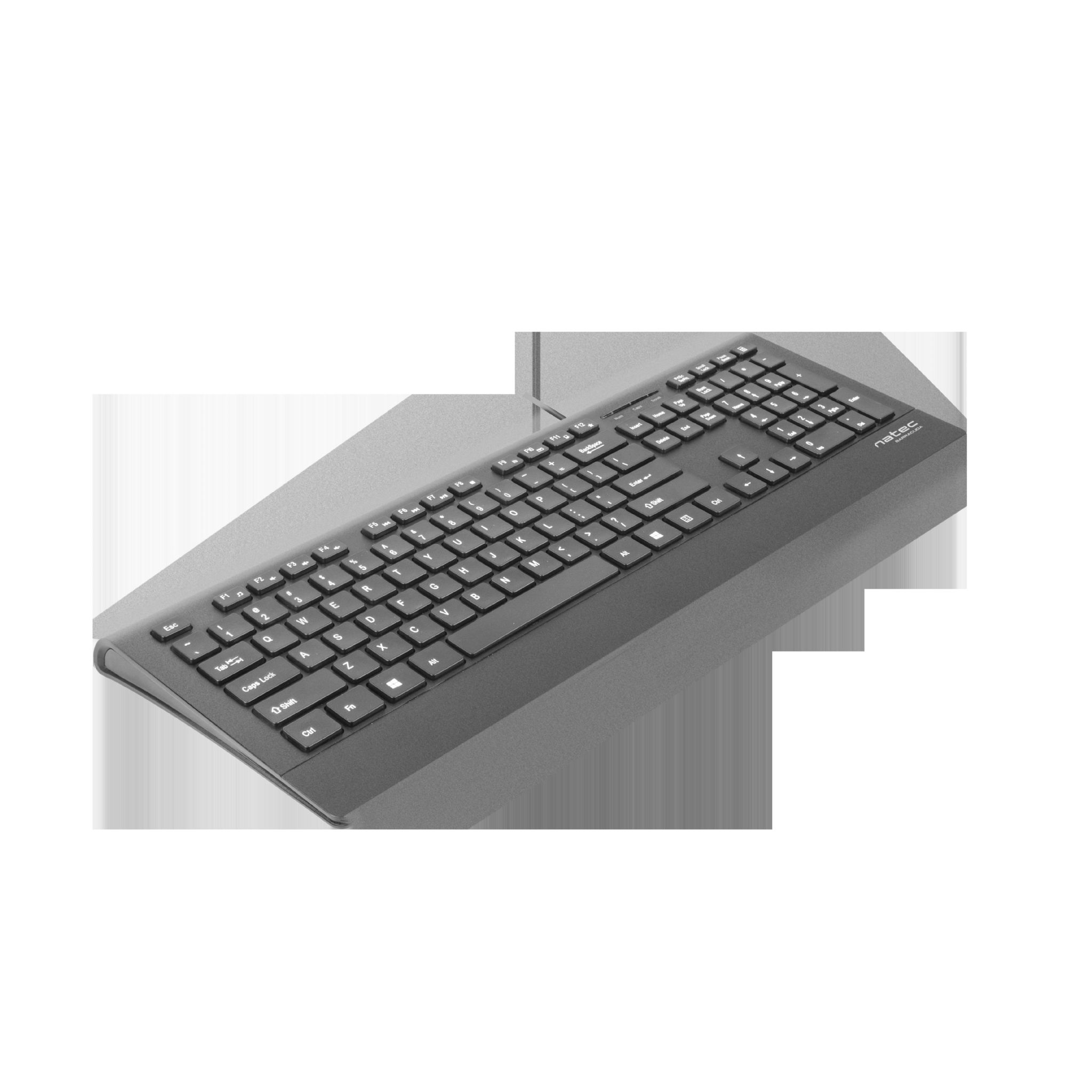 Black keyboard on a white surface. The keys are visible, the brand is NATEC.