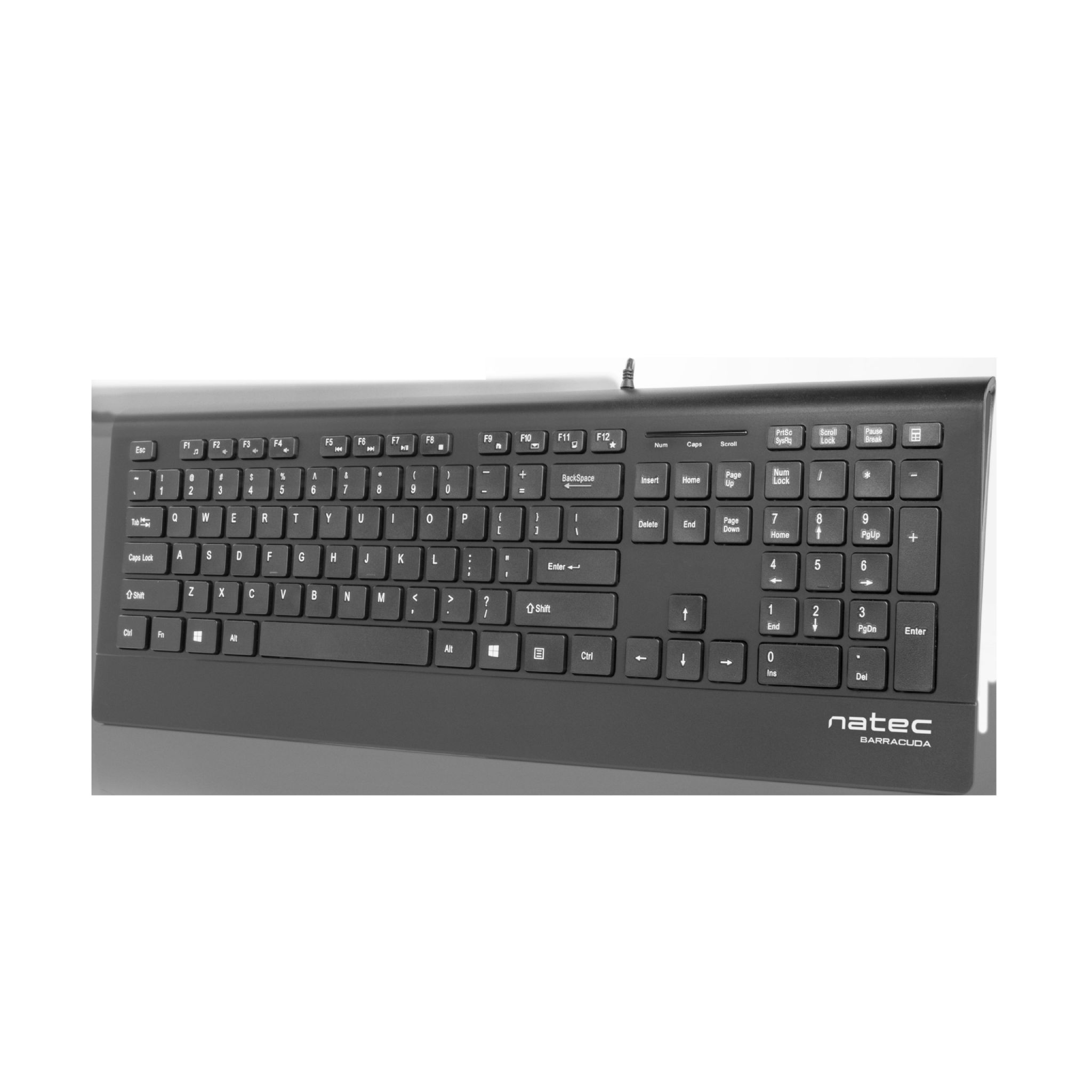 Black keyboard, top view. It has keys and a brand logo at the bottom. Cable connected.
