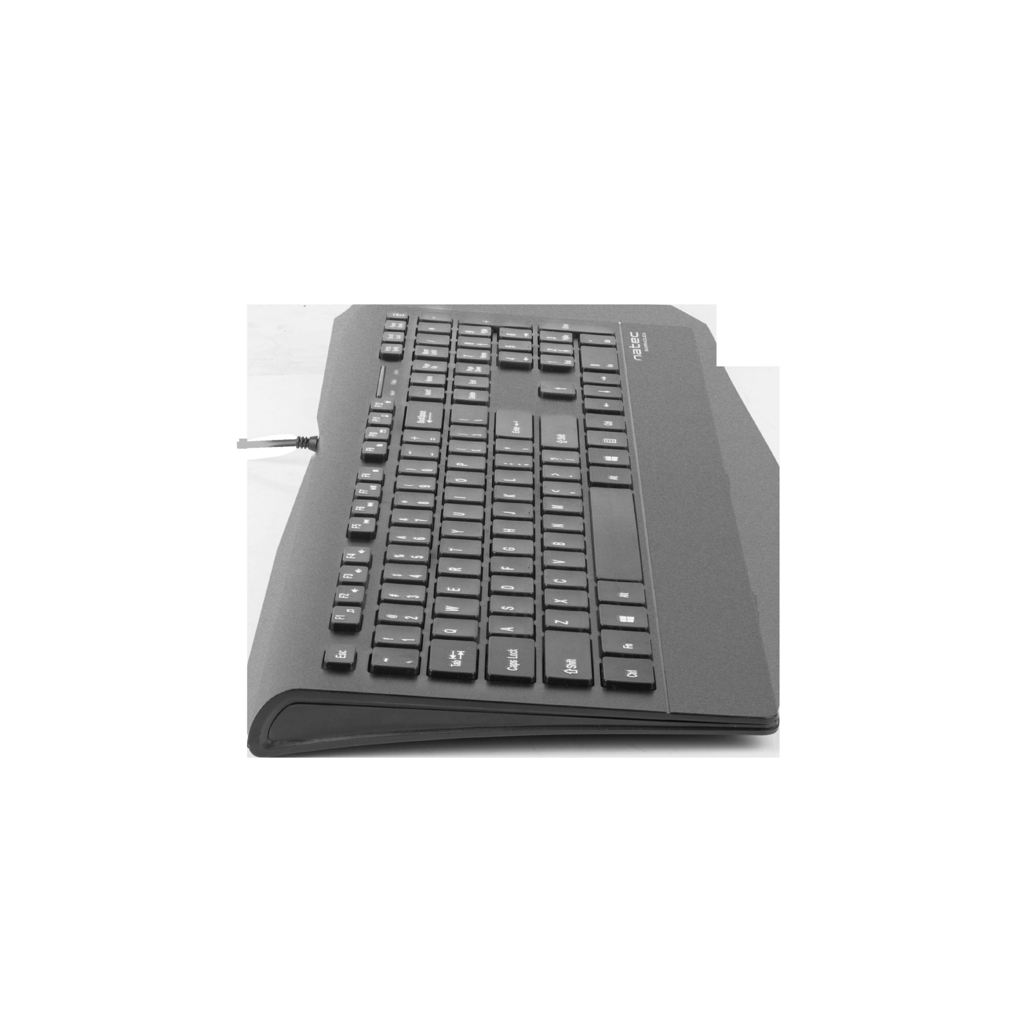 Black ergonomic keyboard on a white surface. It has black keys.