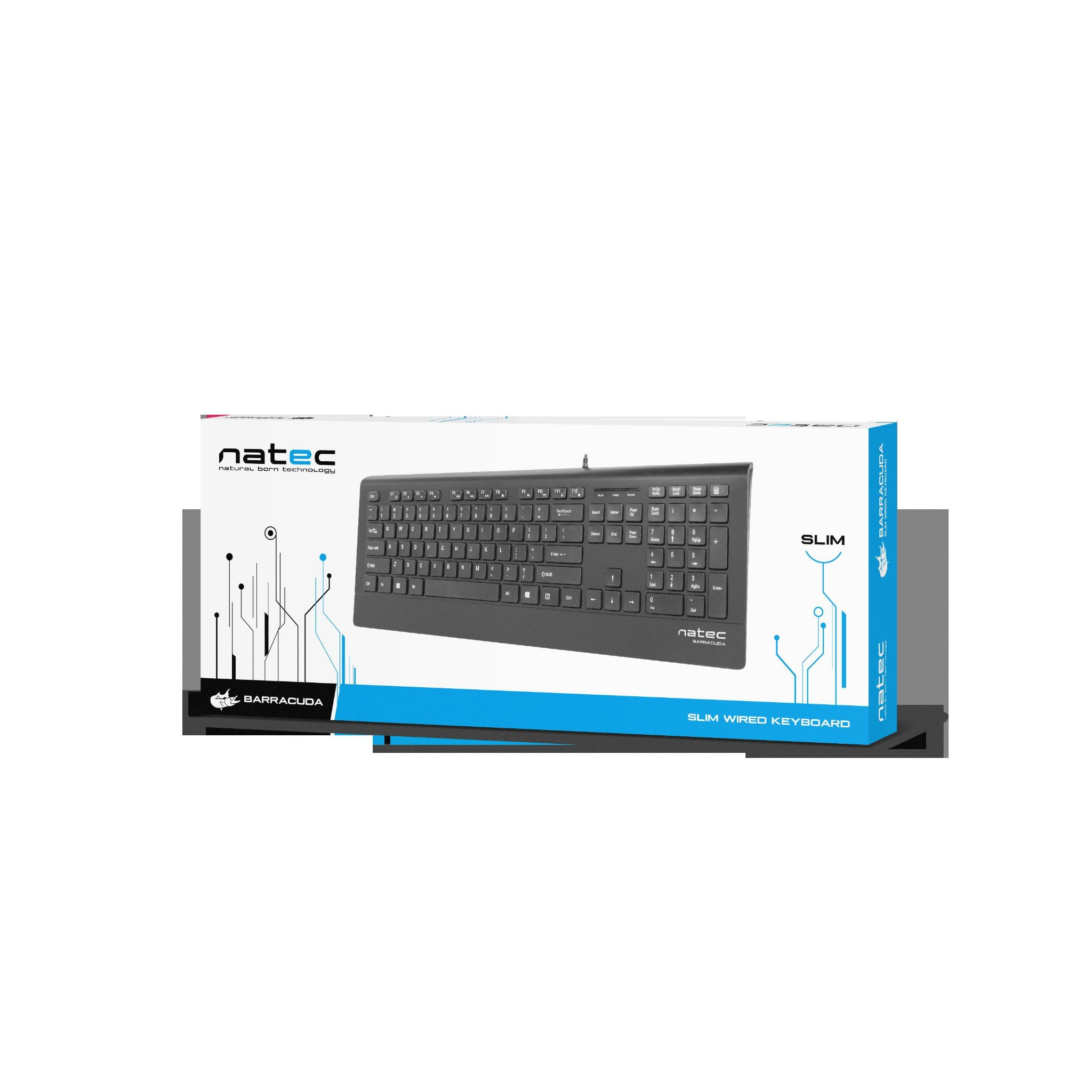 Keyboard box with a black keyboard inside, white background. The box has a black and blue design.