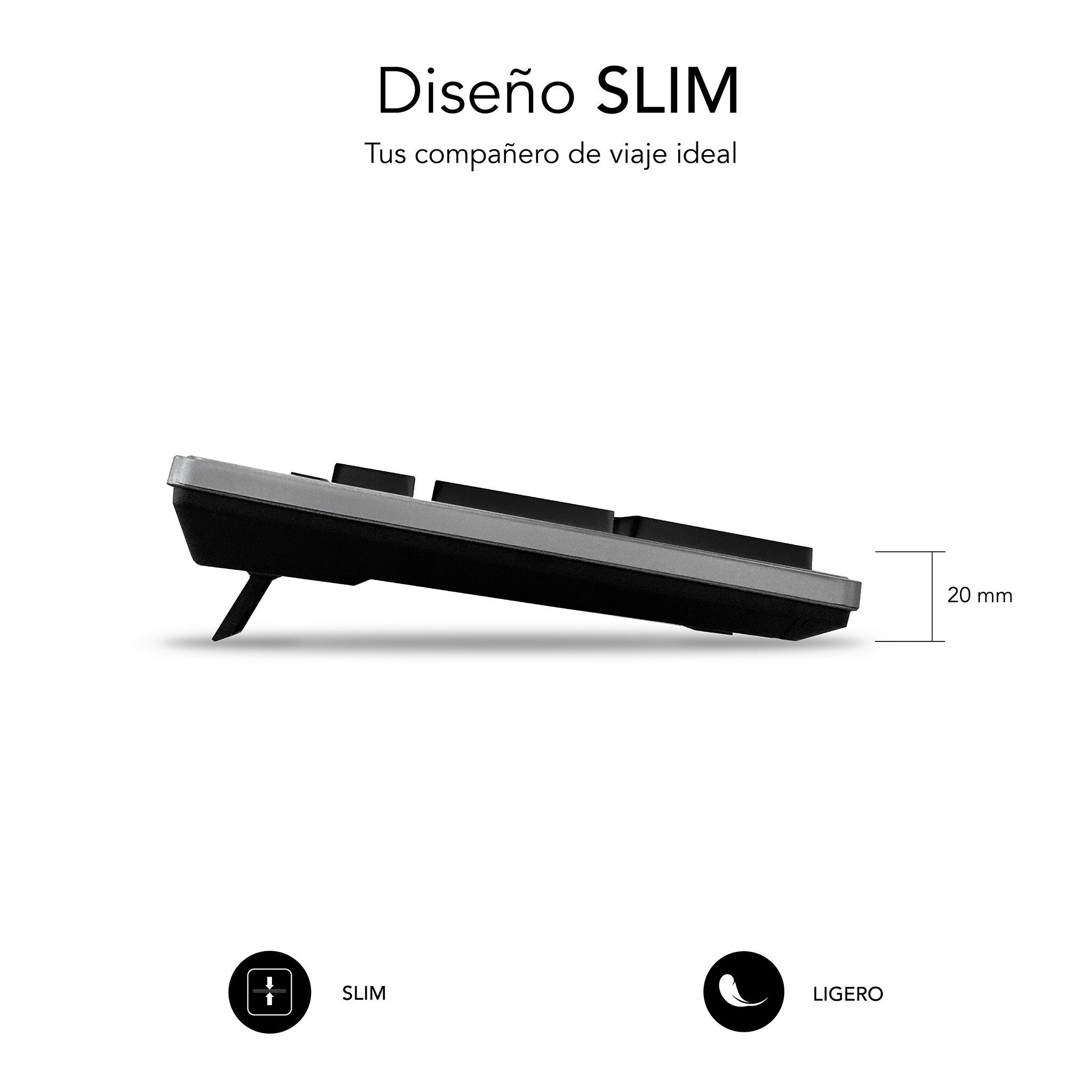 Vista lateral de teclado delgado. Diseño negro y gris con ángulo elevado. Indicación de altura de 20mm.
