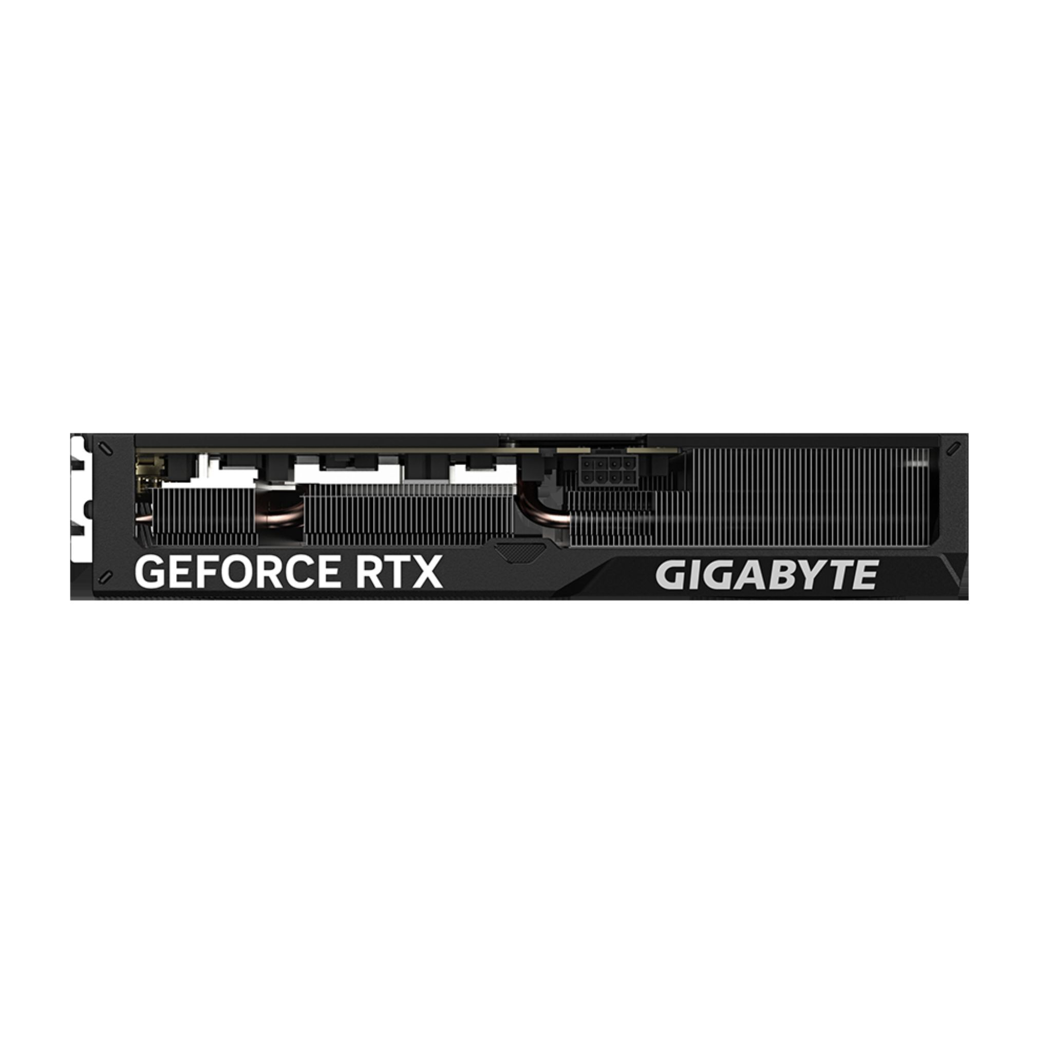 Seitenansicht einer schwarzen und silbernen Grafikkarte mit den Worten 'GEFORCE RTX' und 'GIGABYTE'.