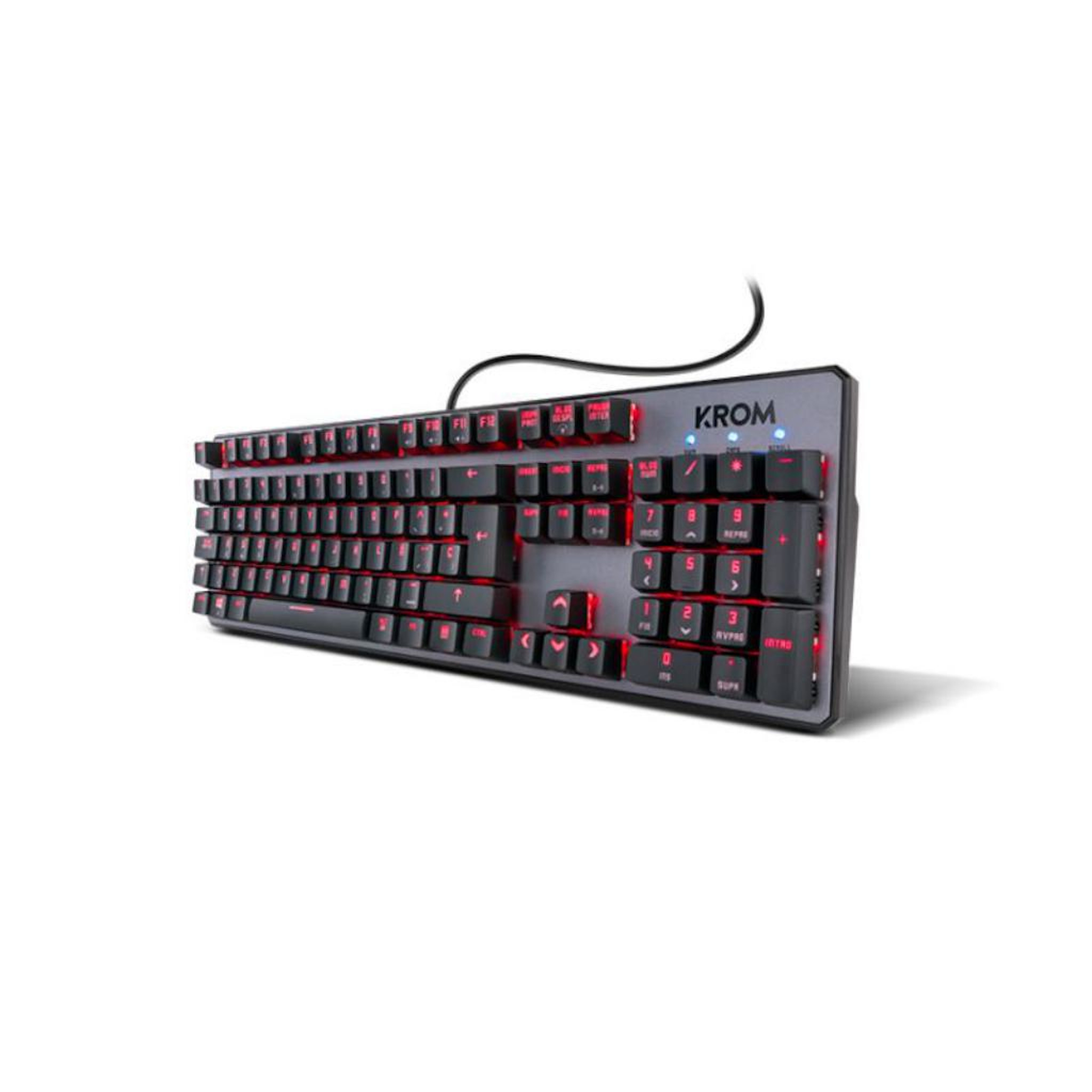 Un teclado negro con teclas retroiluminadas en rojo y borde plateado, sobre superficie blanca.