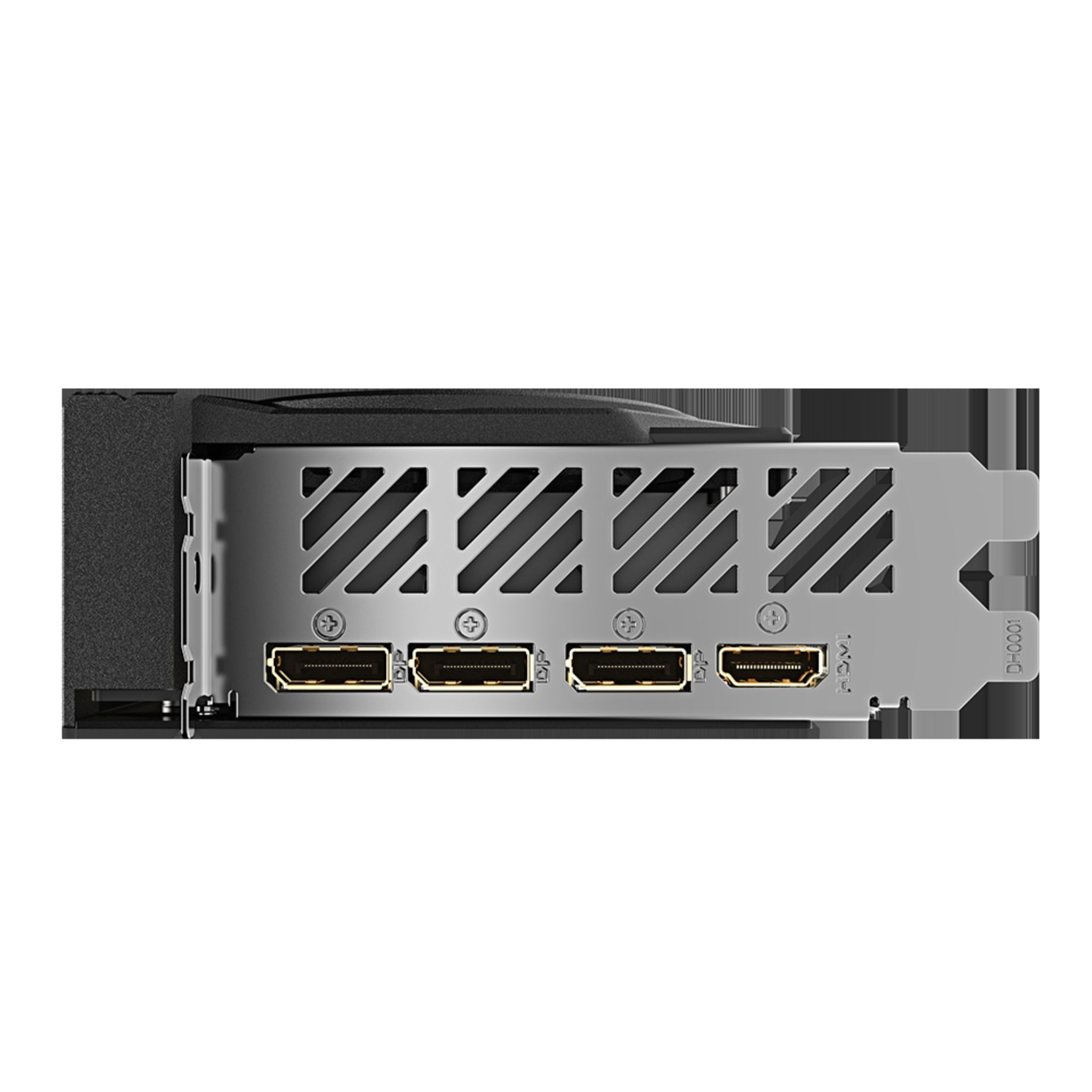 Grafikkarte mit mehreren Display-Anschlüssen: HDMI und DisplayPort, mit Metall-Backplate.