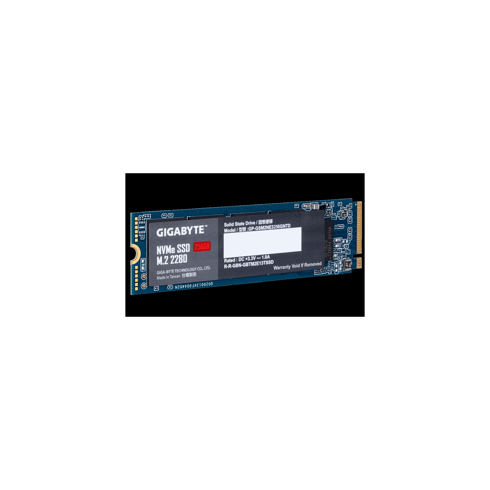 Un SSD NVMe nero con etichette. L'etichetta dice 'GIGABYTE', '256GB' e altre informazioni tecniche.