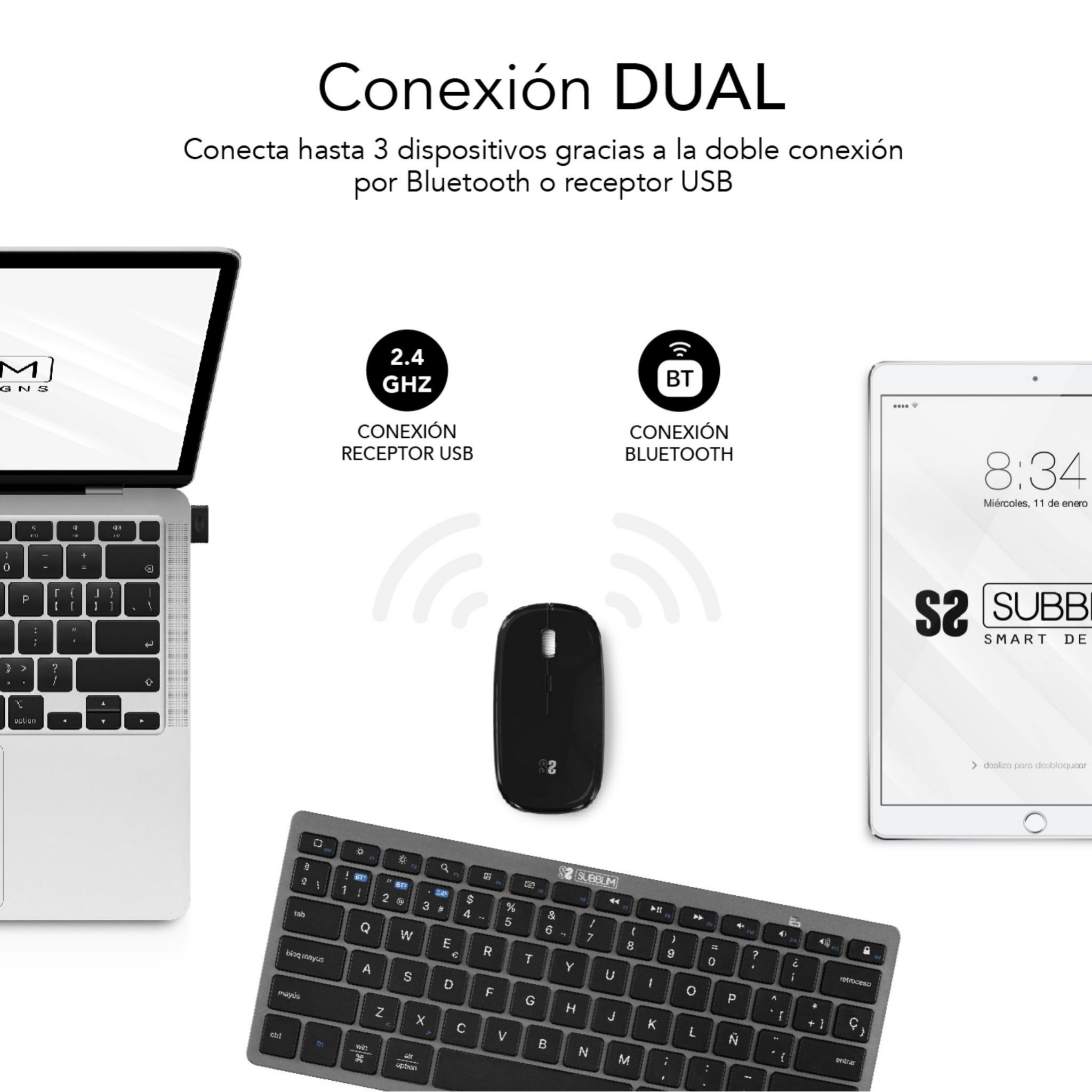 Un portátil, tableta, teclado y ratón sobre una superficie blanca. Hay texto.