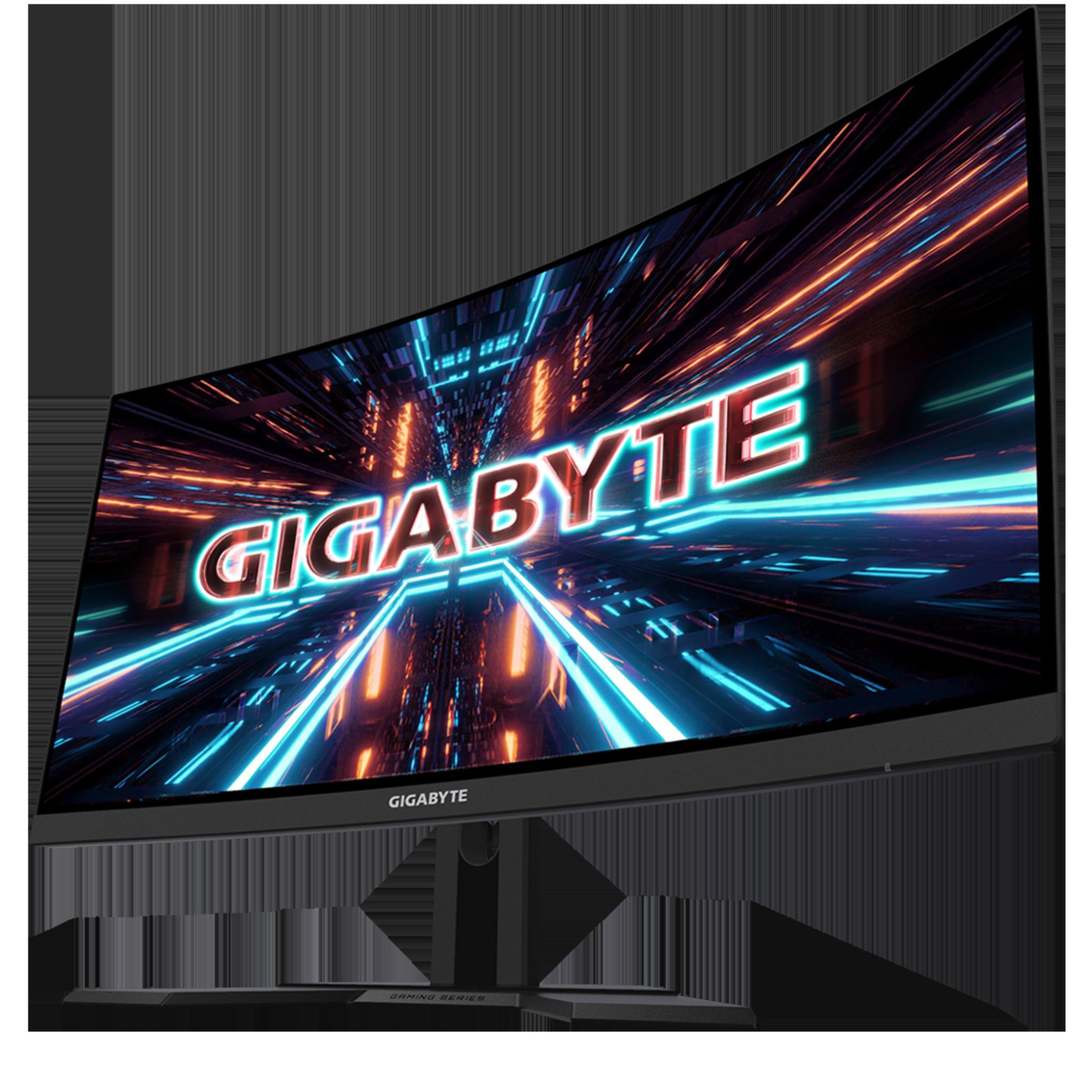 Monitor Gigabyte curvo con interfaz de juego. La pantalla muestra un diseño colorido.