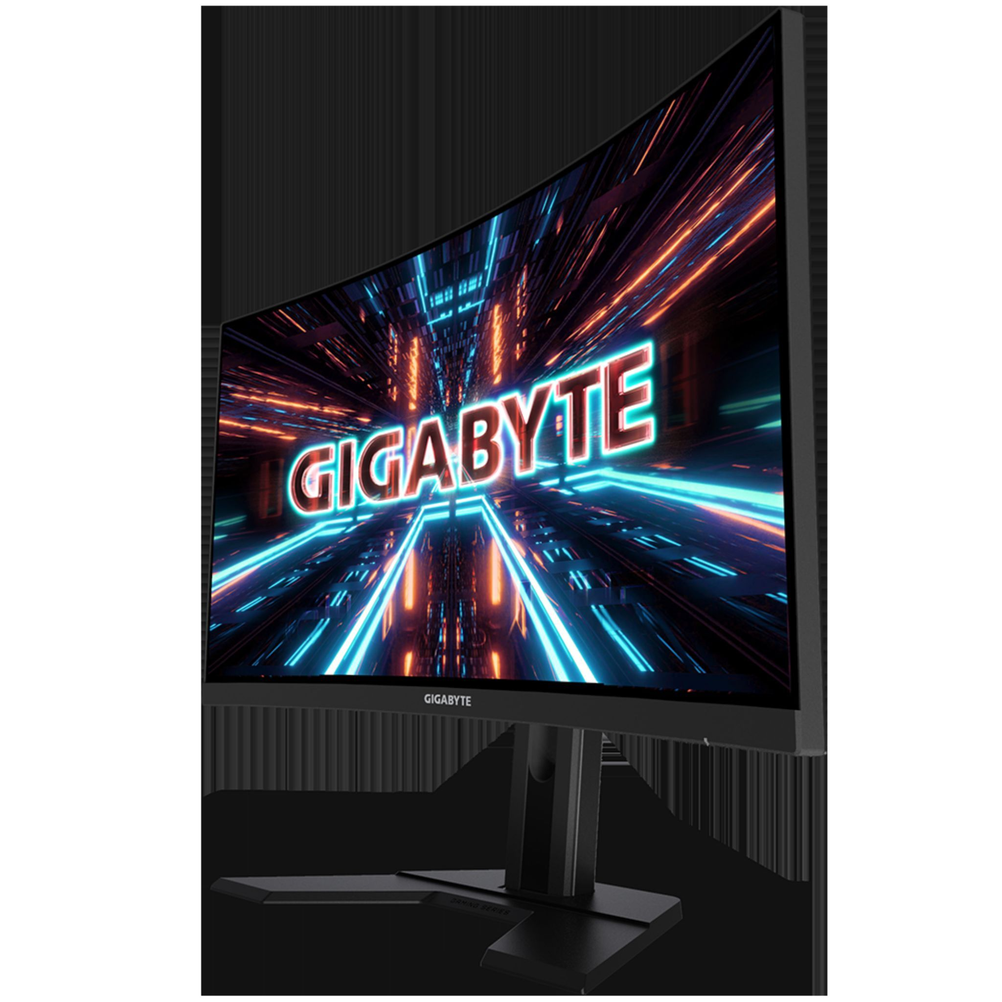 Monitor curvo para juegos. Marco negro con la palabra GIGABYTE en azul. Fondo negro.
