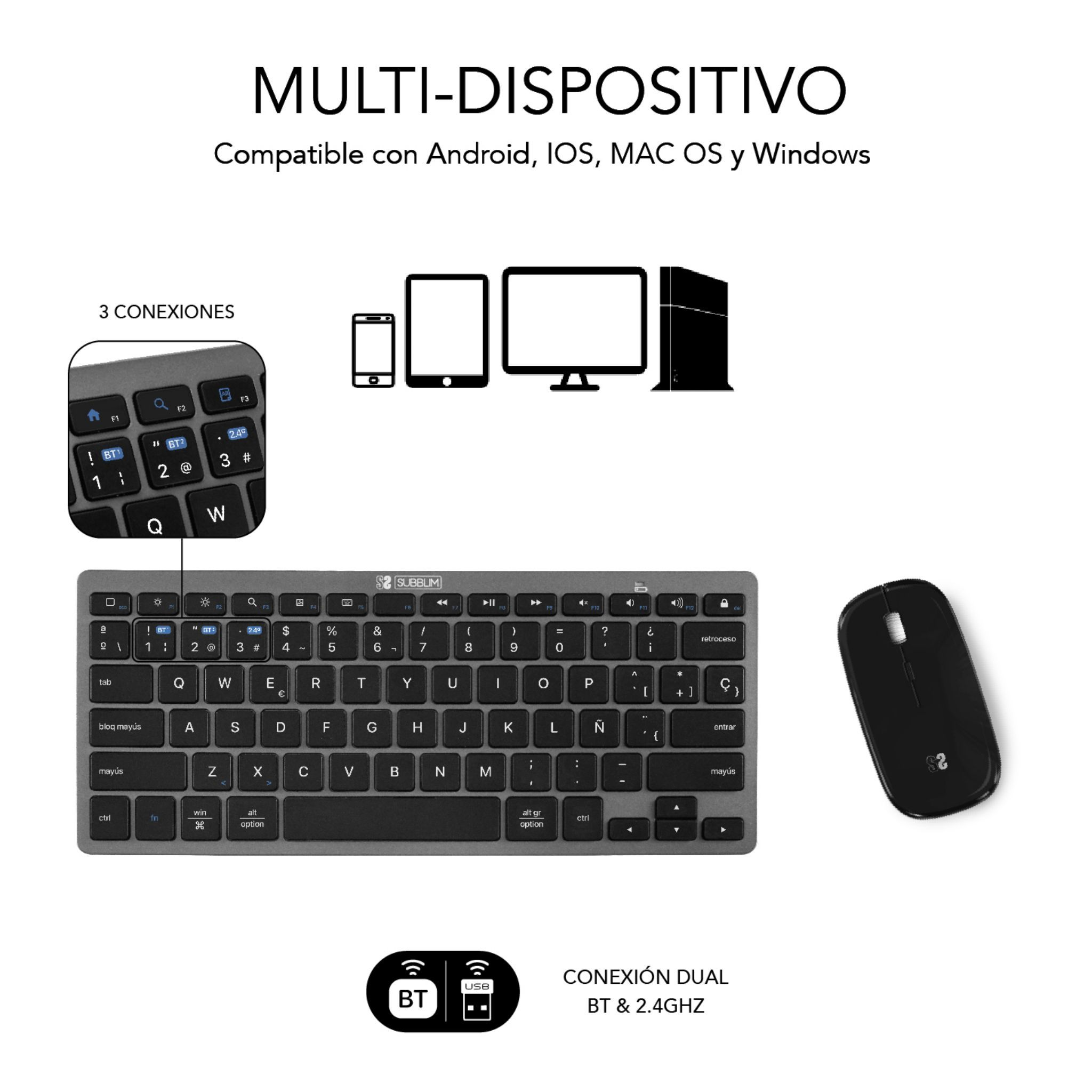 Teclado plateado con ratón negro. Imágenes de dispositivos y conectividad Bluetooth.