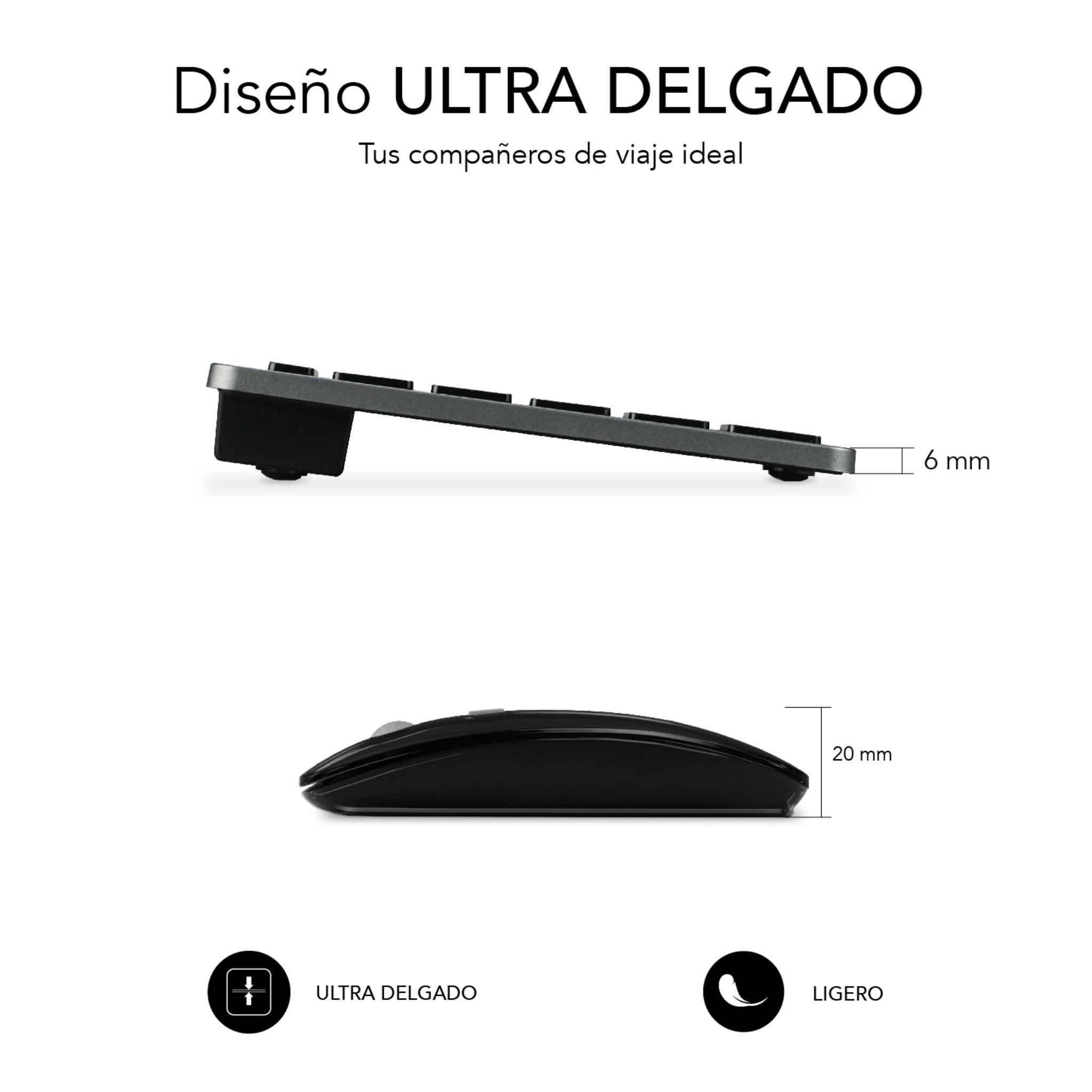 Vista lateral de un teclado y ratón negros. El texto etiqueta el teclado como 'ultra delgado'.