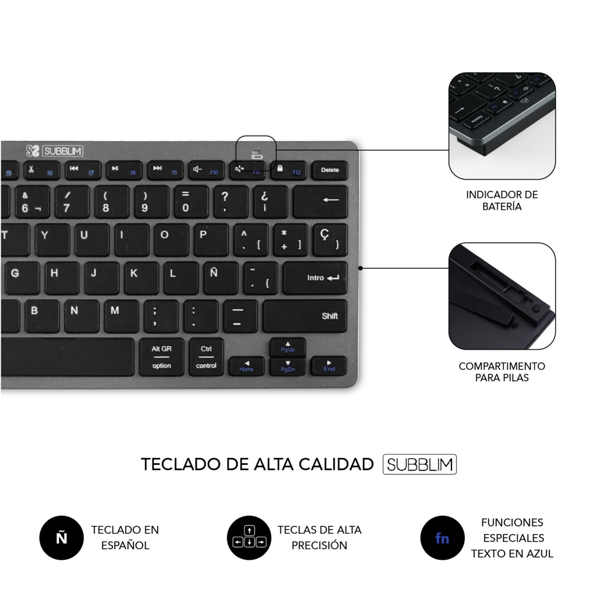Un teclado compacto y plateado. Incluye un indicador de batería y un compartimento para pilas.