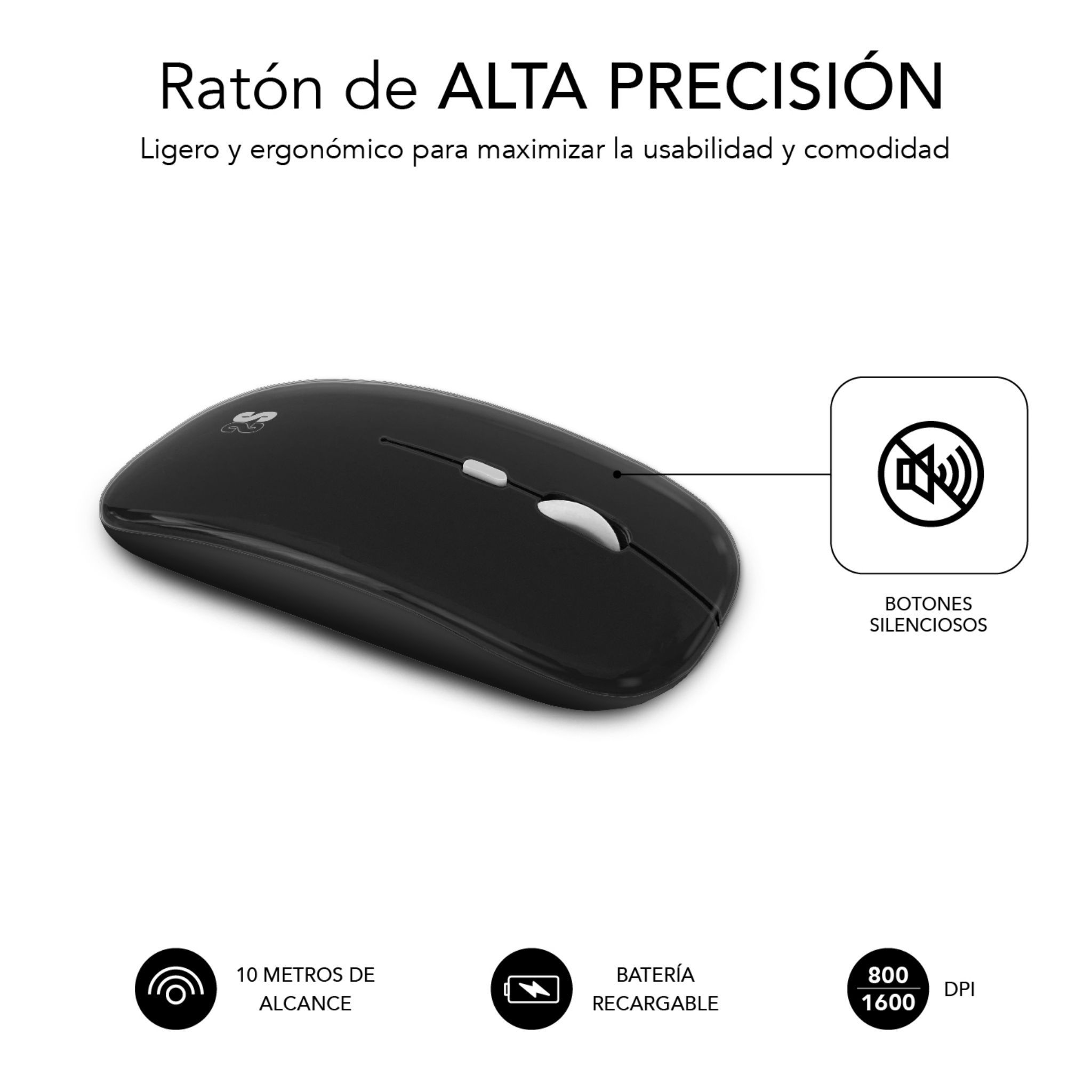 Un ratón inalámbrico negro con rueda de desplazamiento blanca e icono de botón silencioso, junto a iconos de información.