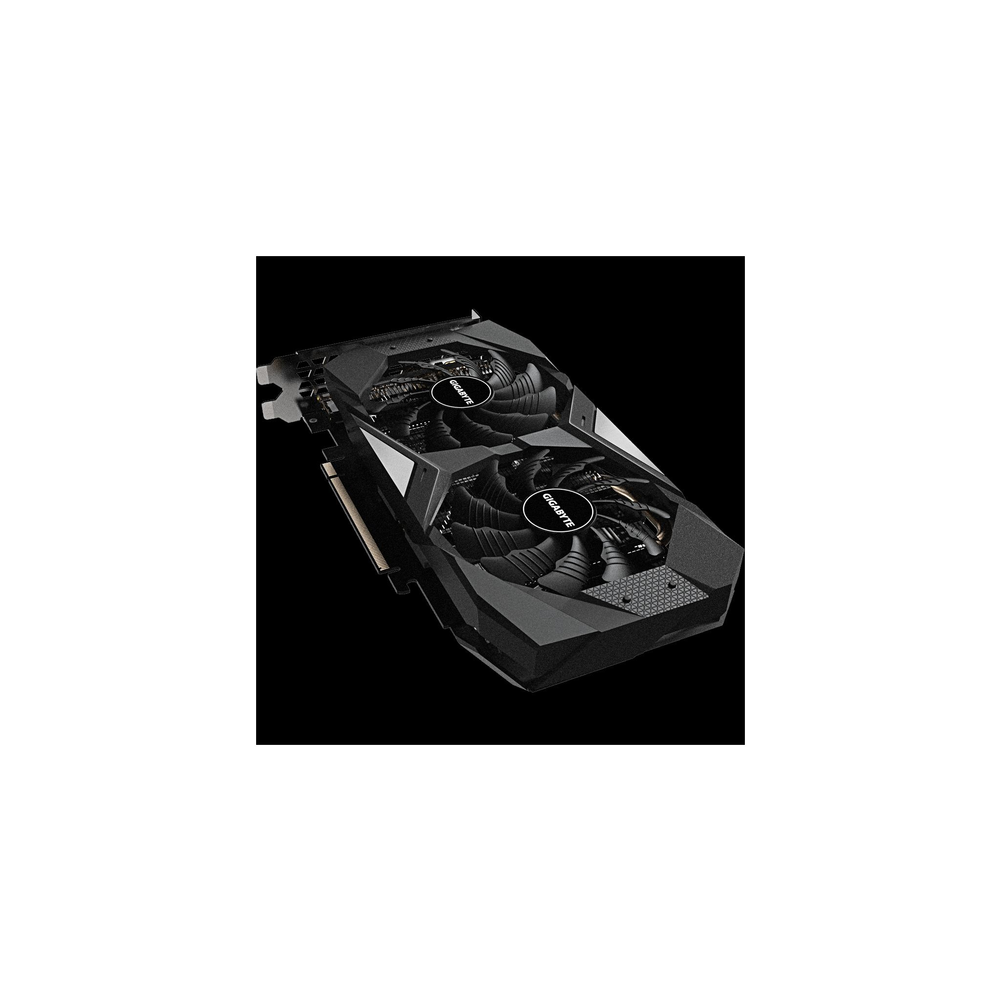 Una tarjeta gráfica negra con ventiladores, mostrando el logo Gigabyte sobre fondo negro.