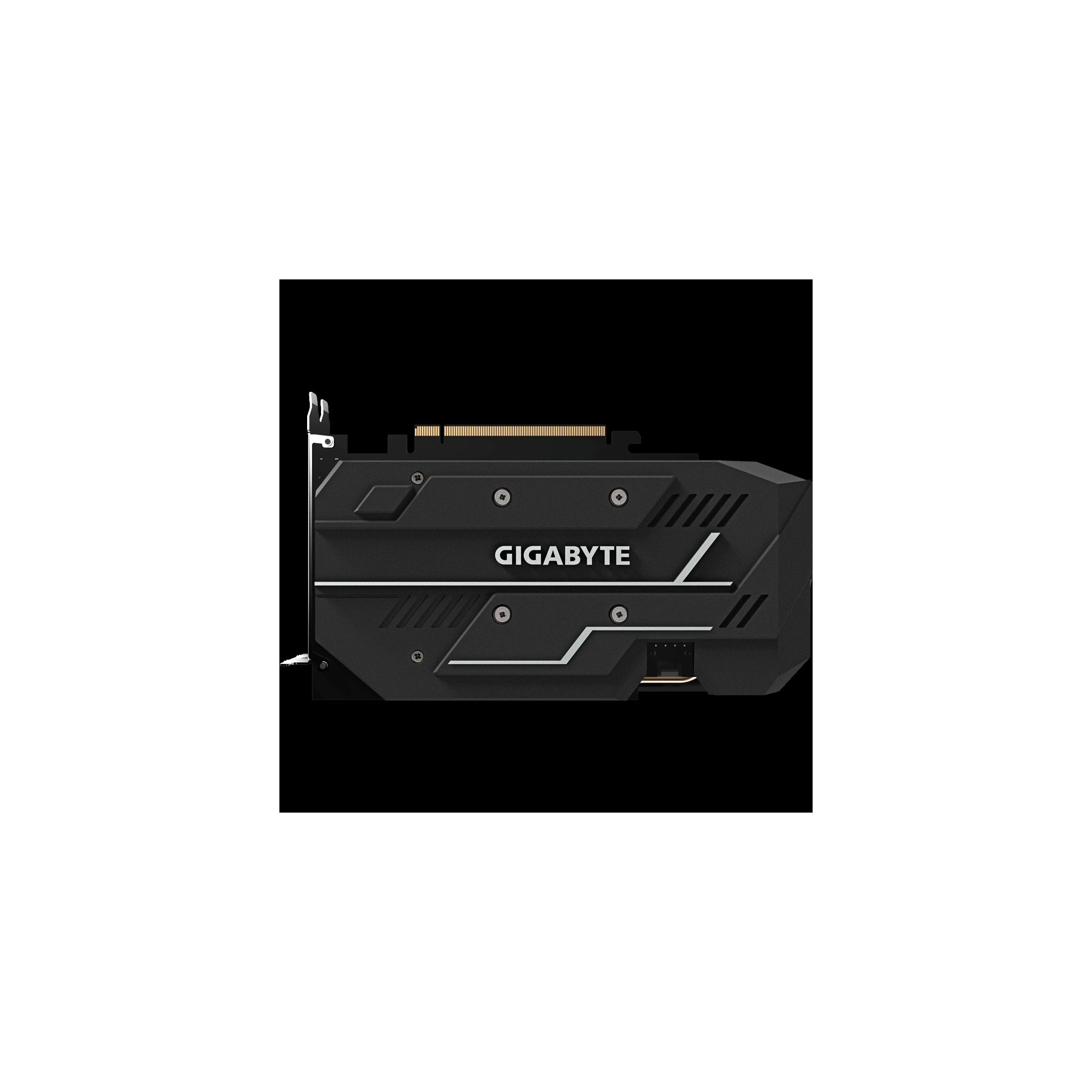 Tarjeta gráfica Gigabyte negra, vista lateral, con detalles blancos.