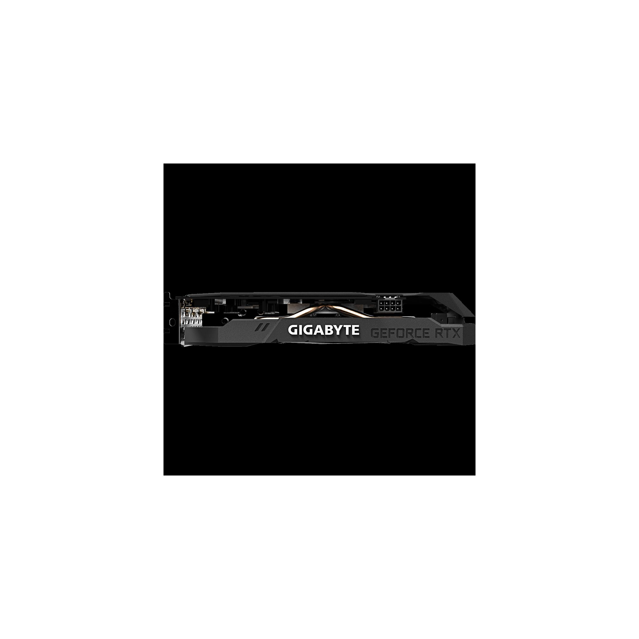 Tarjeta gráfica con etiquetas GIGABYTE y GeForce RTX. Esquema de color negro y gris, vista lateral.