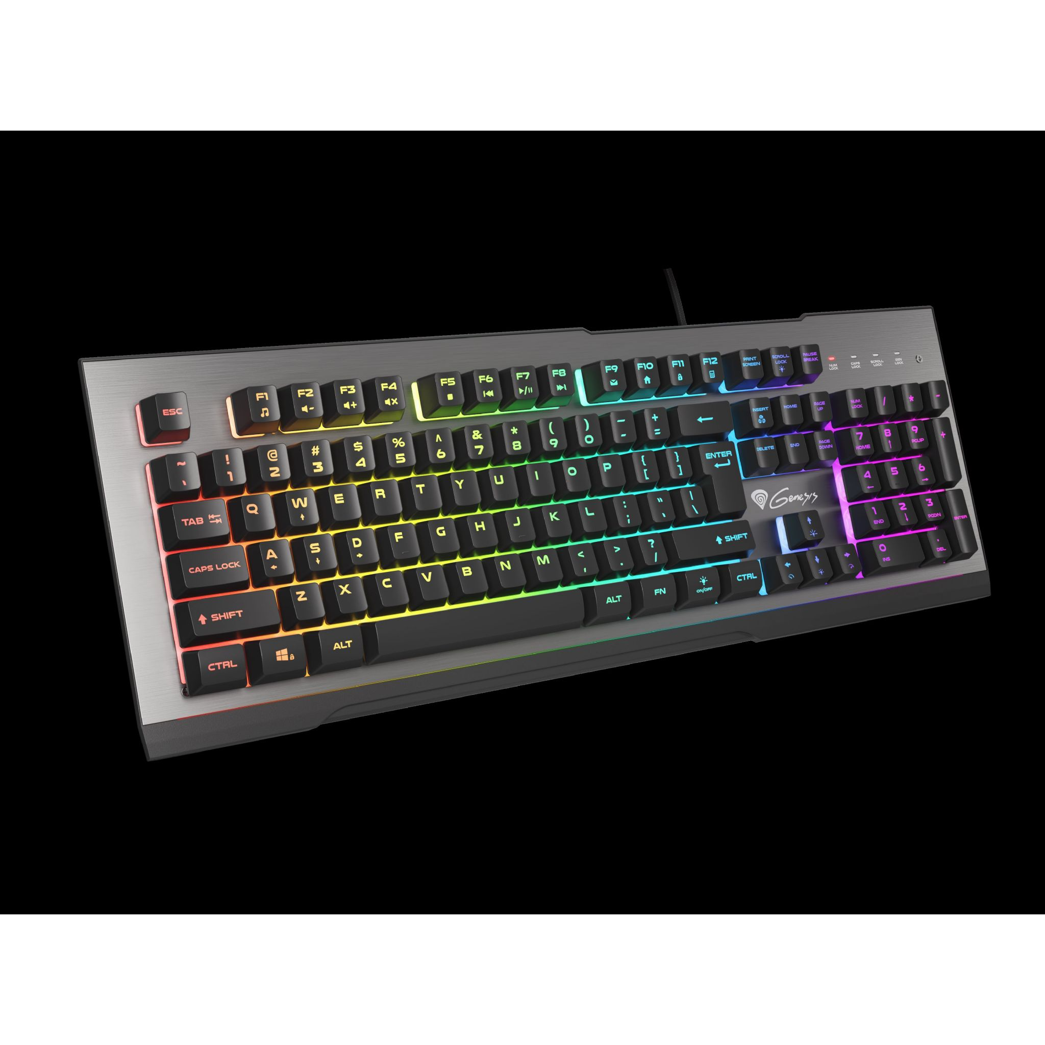 Czarna klawiatura gamingowa z podświetleniem RGB na czarnej powierzchni. Klawisze są opisane białymi znakami.