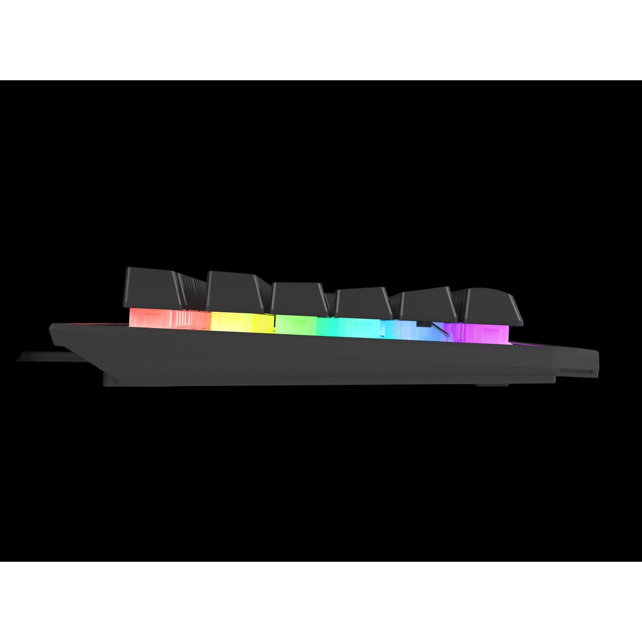 Widok z boku czarnej klawiatury. Ma tęczowe światła pod klawiszami, na czarnym tle.