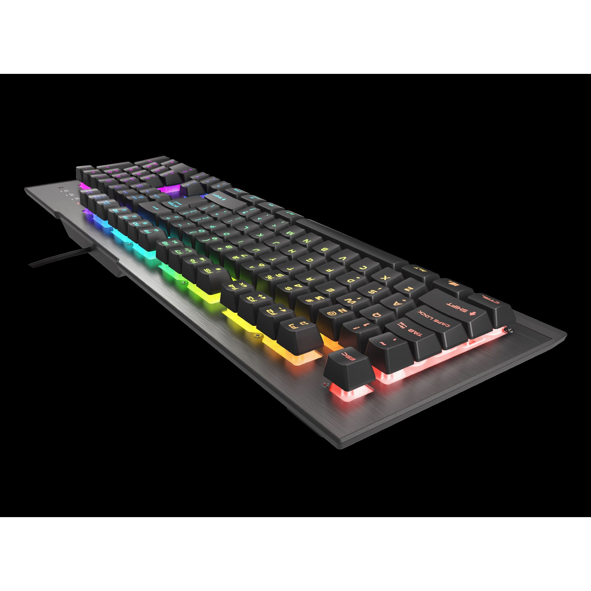 Klawiatura gamingowa z podświetleniem RGB. Czarne klawisze, srebrna podstawa.