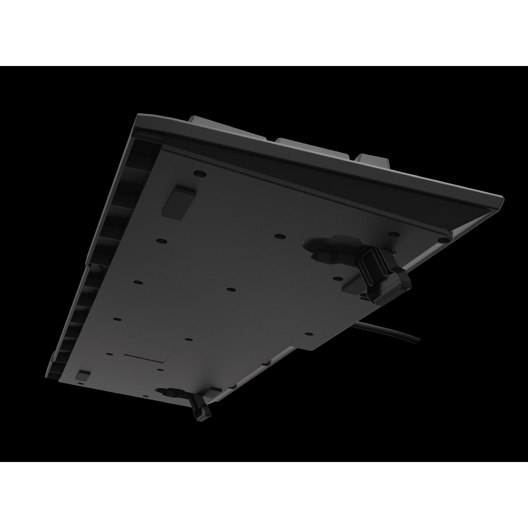 Widok od spodu czarnej klawiatury z regulowanymi nóżkami i kablem.