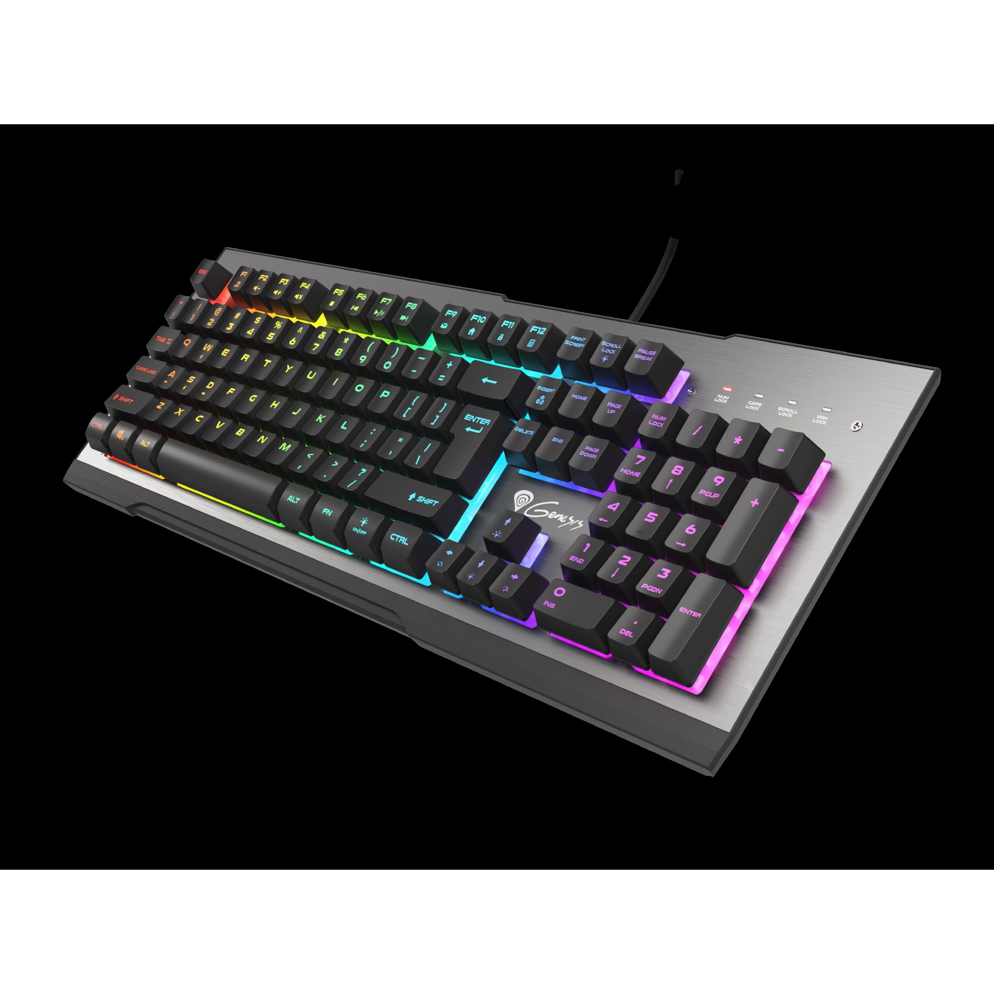 Czarna i srebrna klawiatura do gier z kolorowymi podświetlanymi klawiszami. Widoczne logo Genesis. Ciemne tło.
