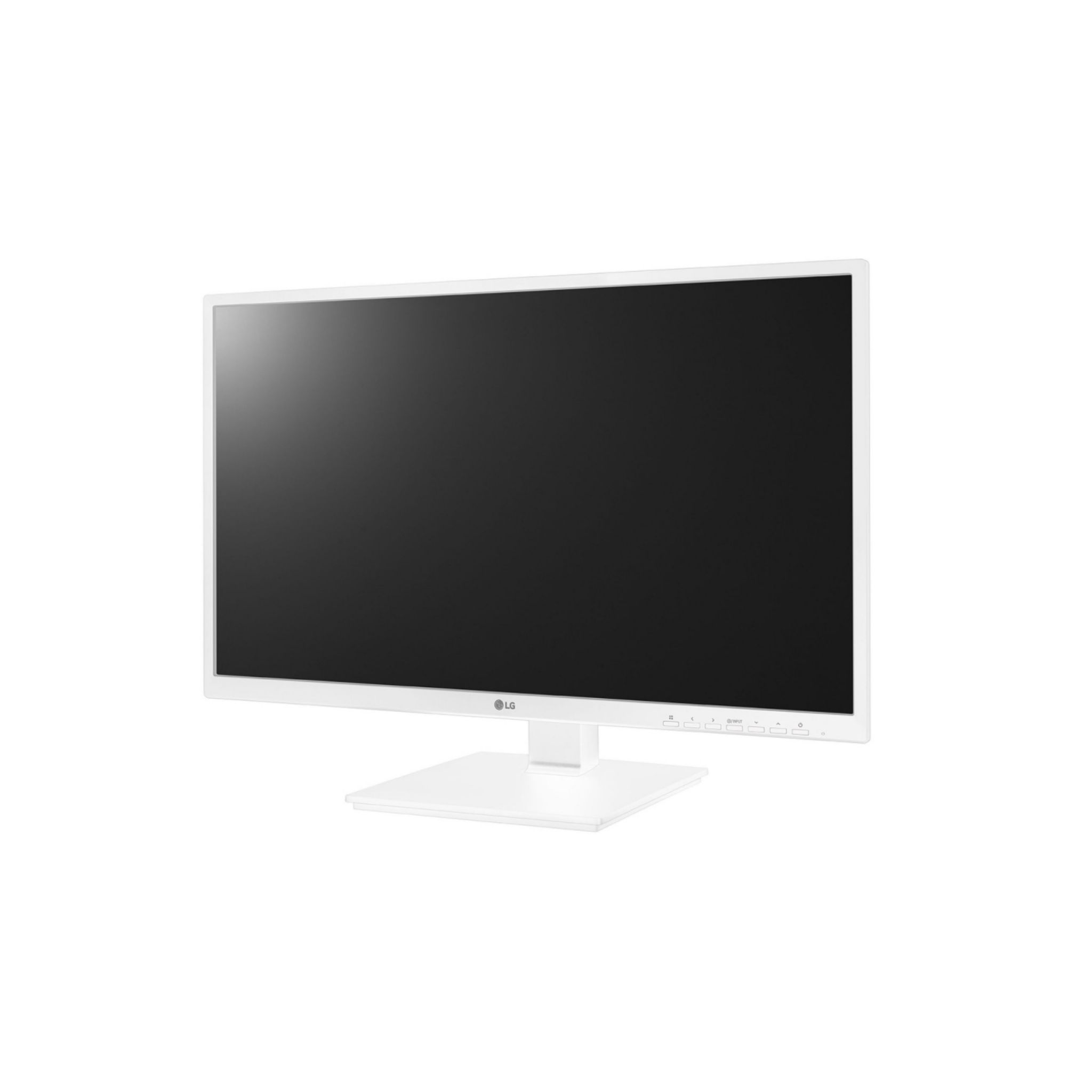 Monitor de computadora blanco con pantalla negra. Tiene soporte y marco blancos. Fondo blanco.