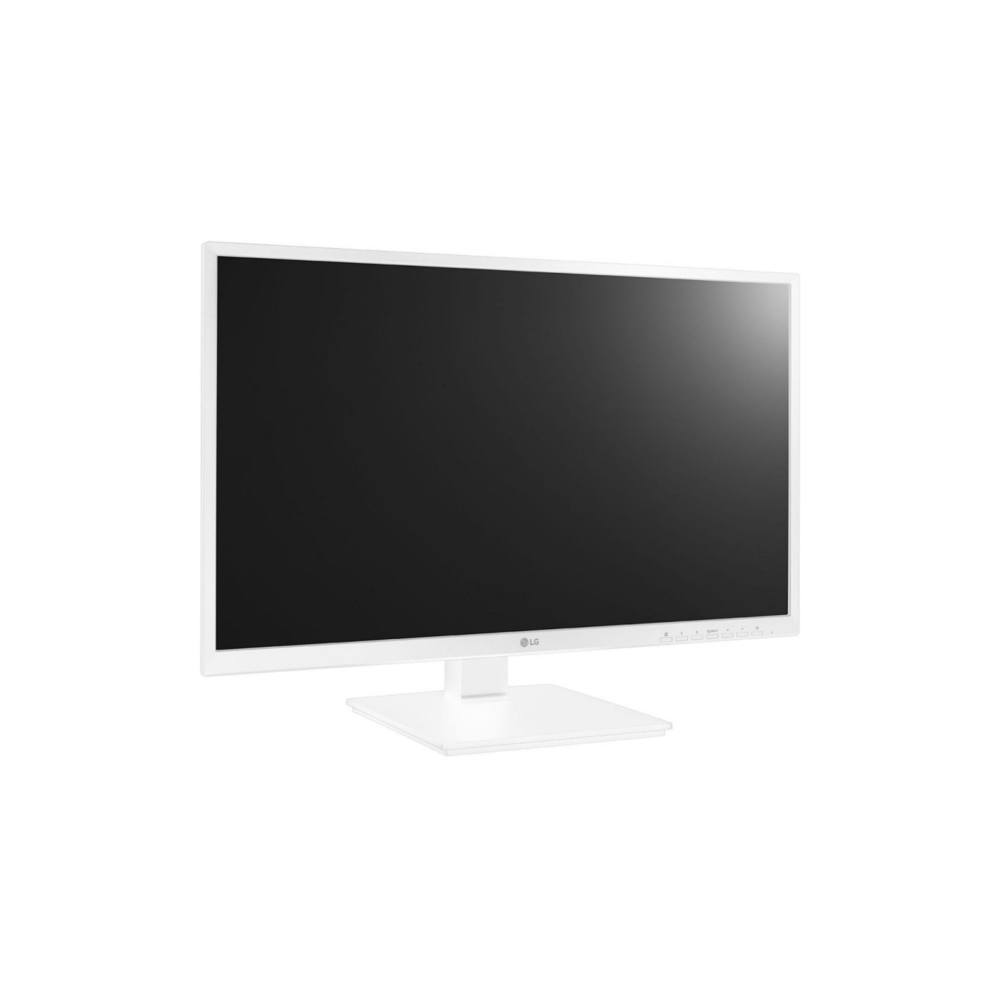 Monitor LG blanco sobre soporte blanco. La pantalla es negra.