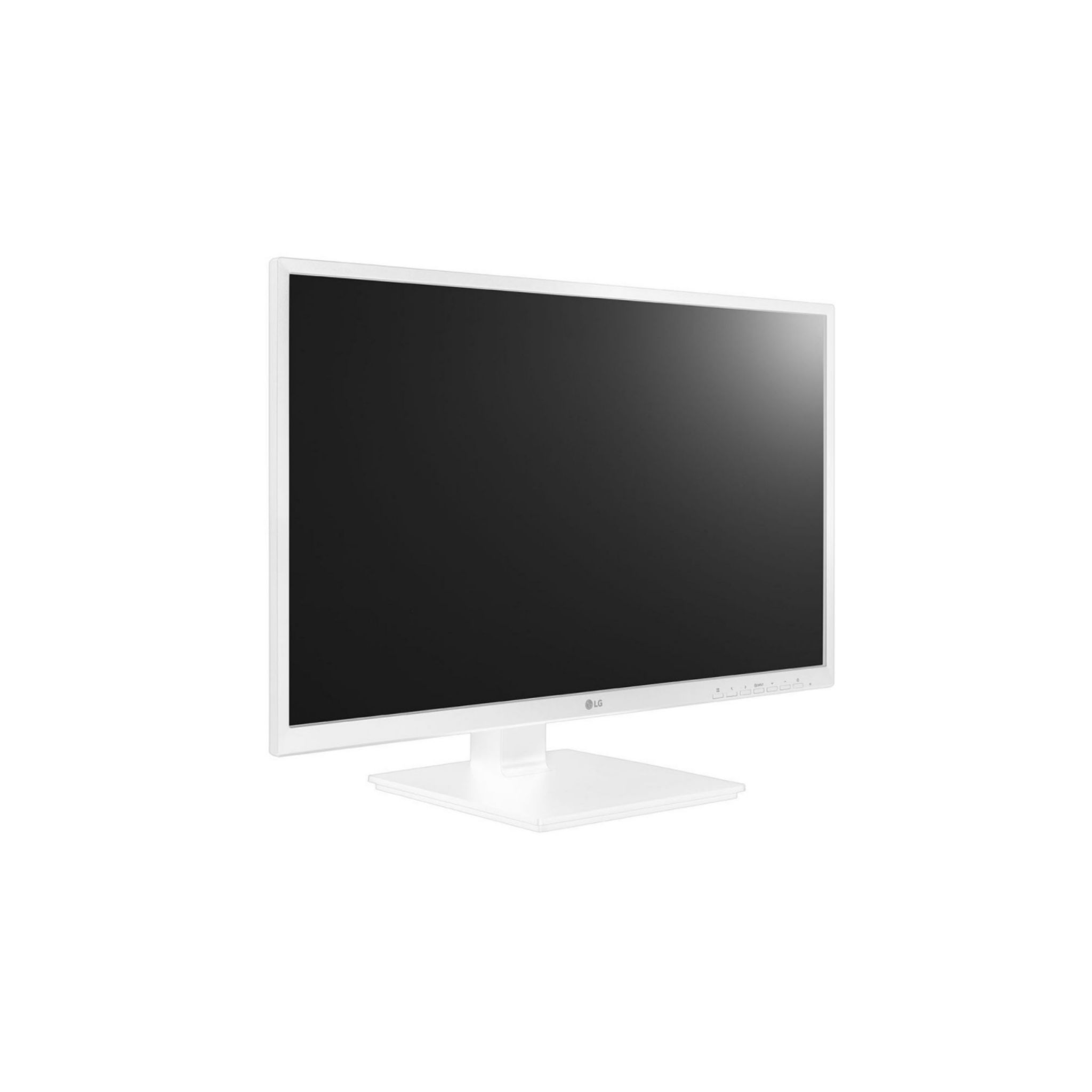 Un monitor de ordenador blanco con pantalla negra y soporte blanco.