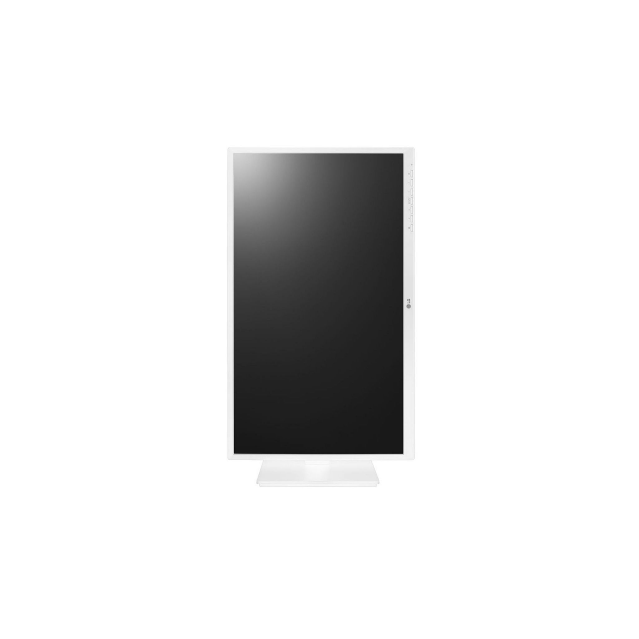 Monitor blanco con pantalla negra sobre base blanca. El fondo es blanco.