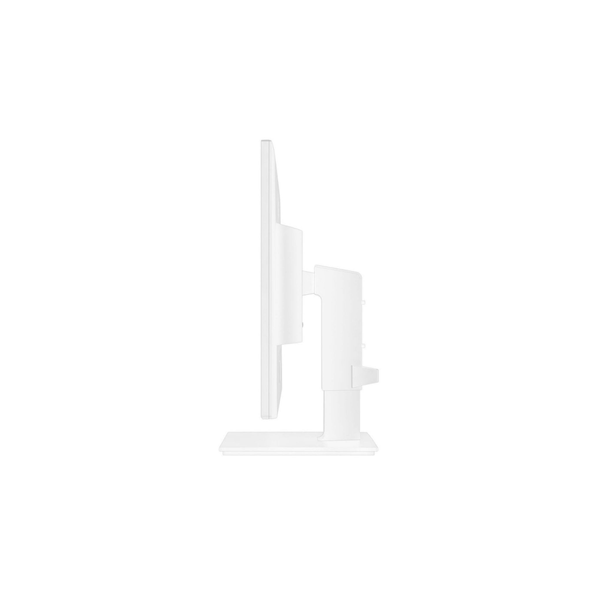 Vista lateral de un monitor de computadora blanco con soporte, aislado sobre fondo blanco.