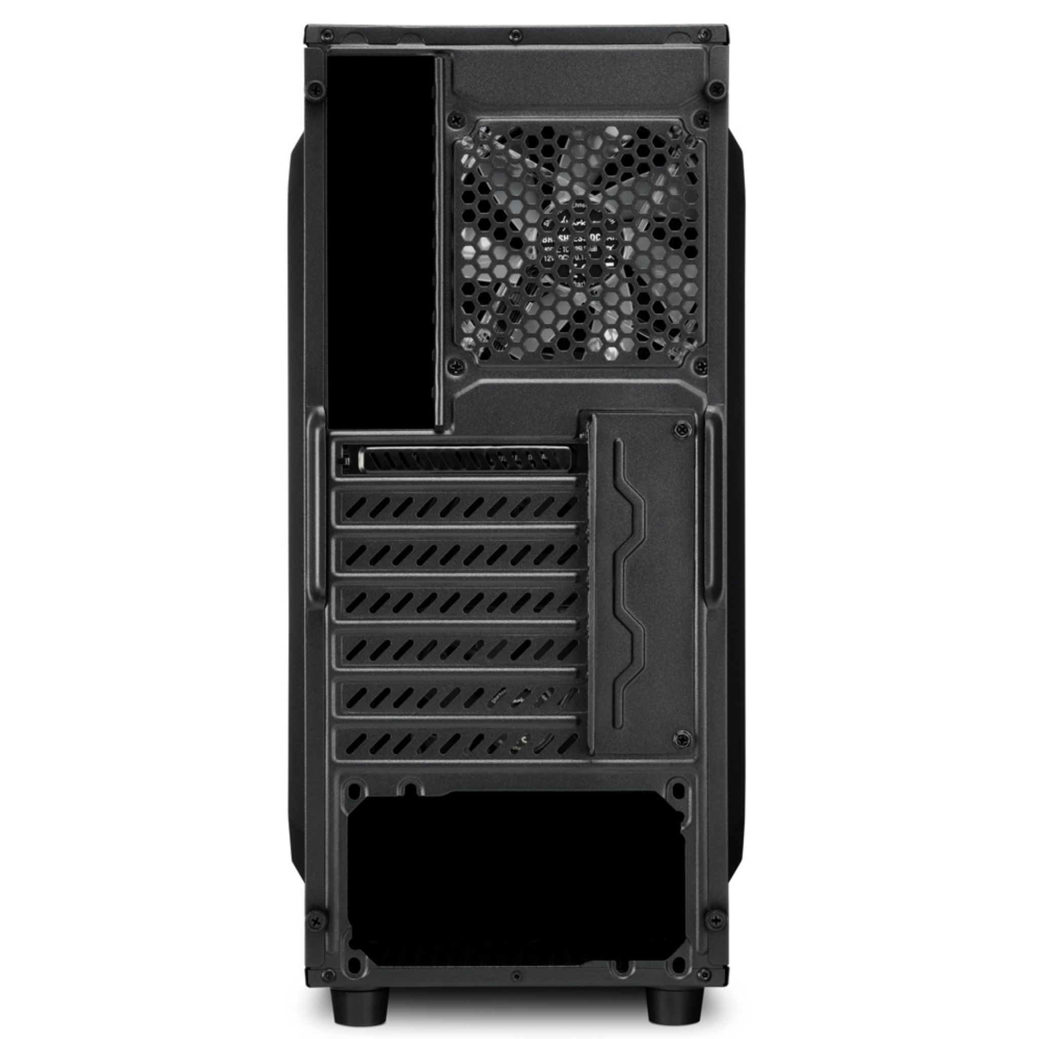 Schwarzes Computergehäuse, Rückansicht. Es zeigt einen Lüfter, verschiedene Steckplätze und die unteren Befestigungspunkte.