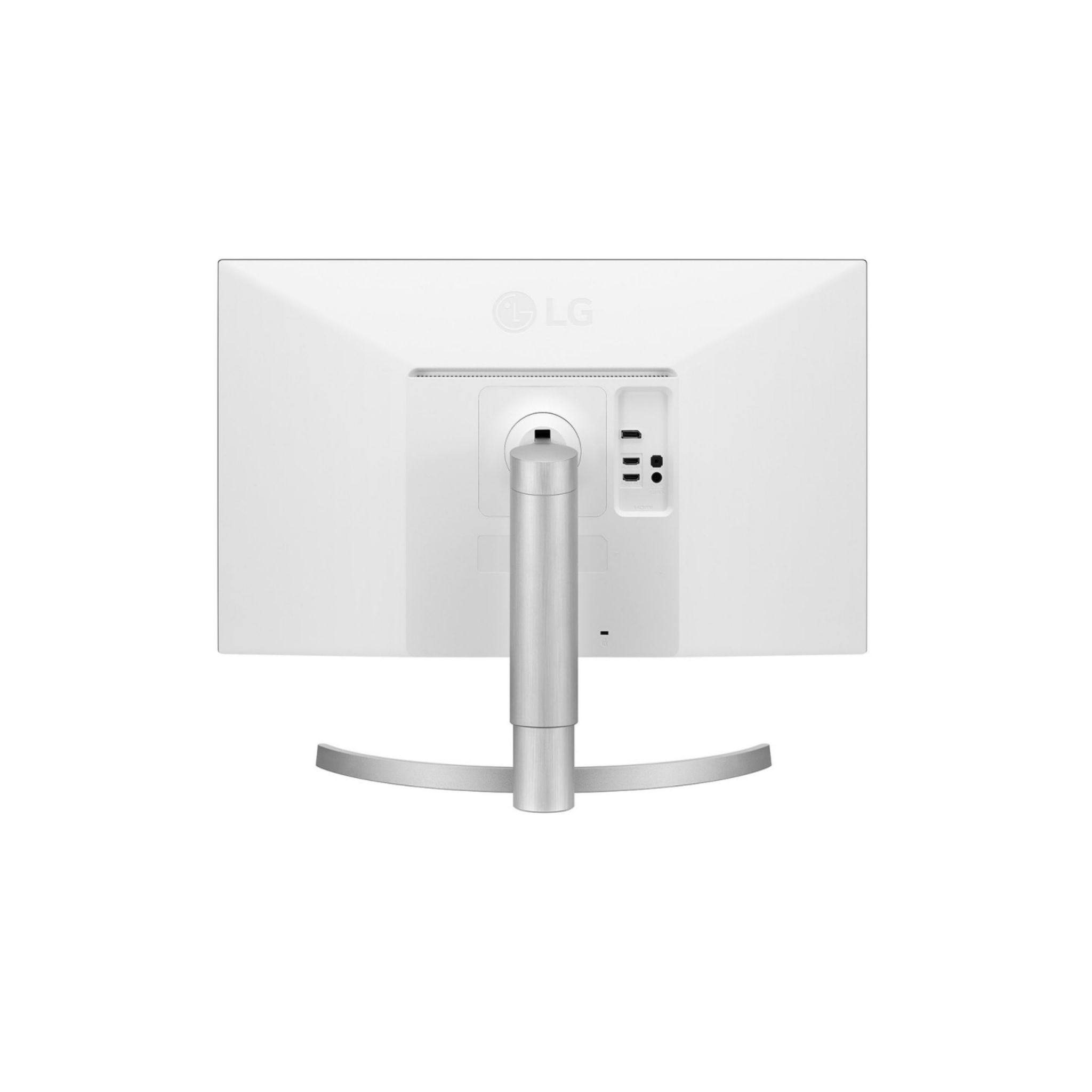 Monitor per computer bianco, vista posteriore. Supporto argento, porte visibili.