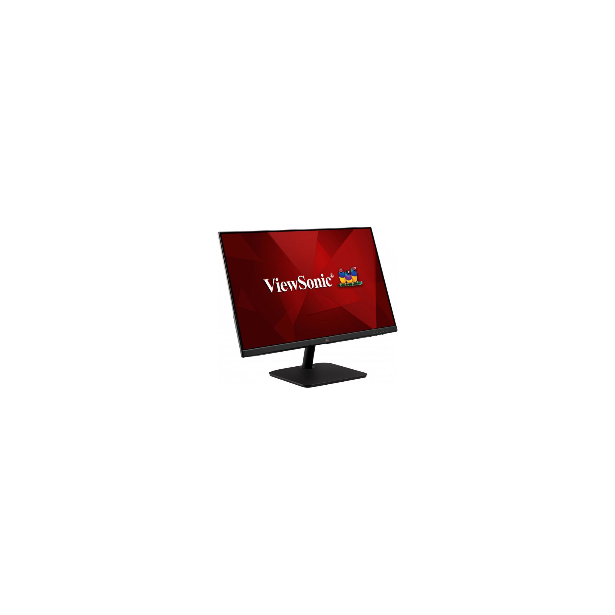 ViewSonic Monitor mit rotem Bildschirm, schwarzem Ständer und Logo.