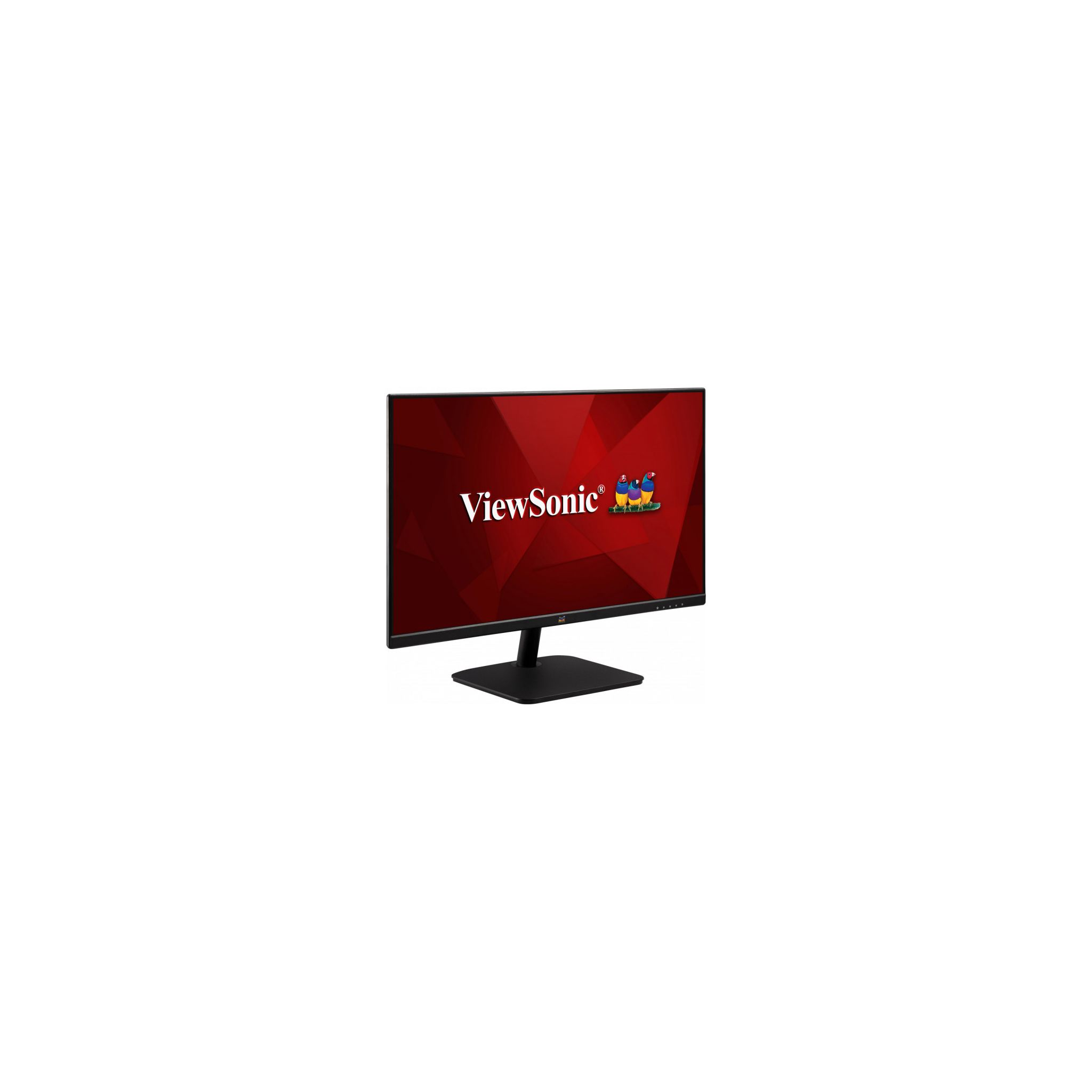 ViewSonic-Monitor mit rotem Bildschirm und Logo, schwarzer Ständer. Weißer Hintergrund.