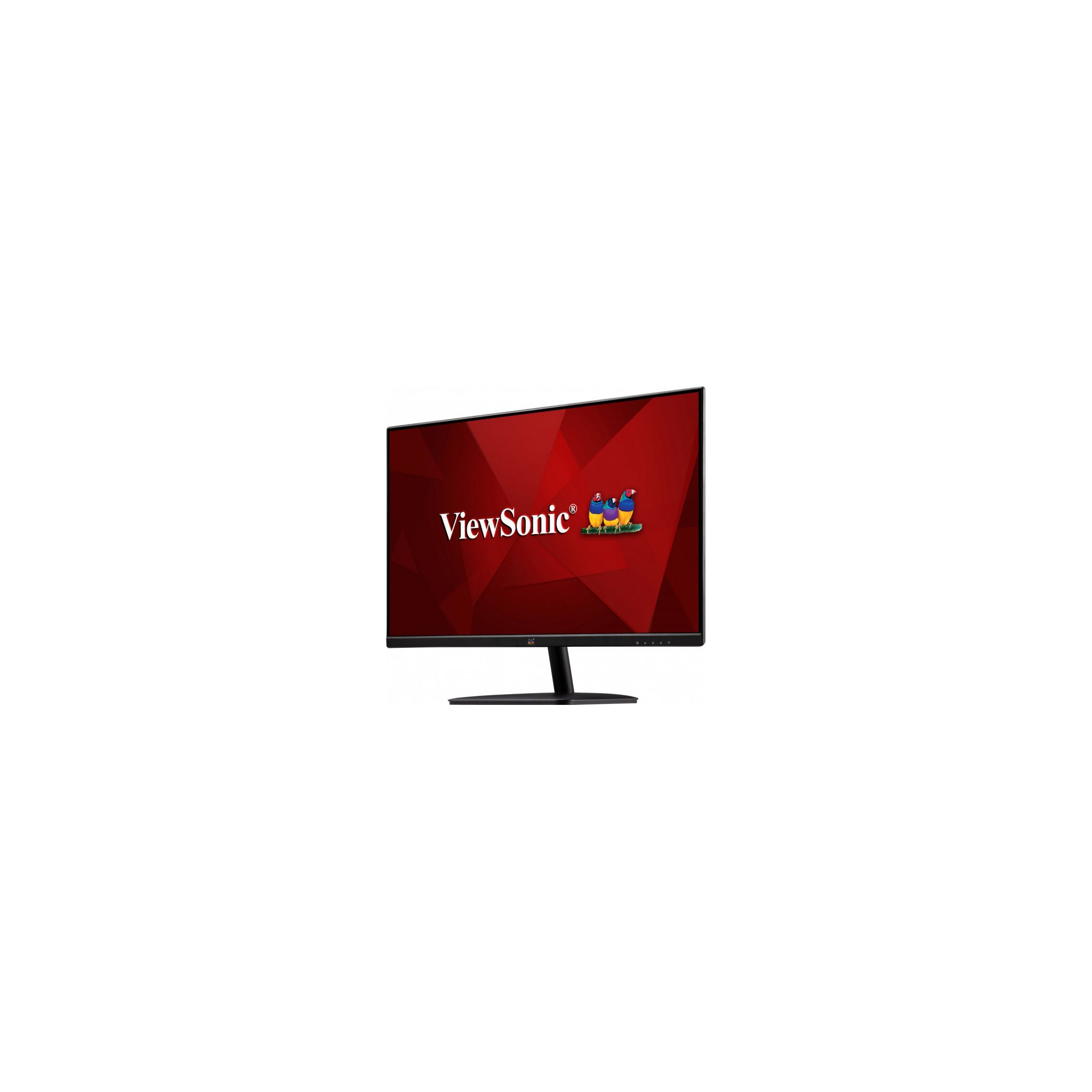 ViewSonic Monitor auf weißem Hintergrund. Roter Hintergrund auf dem Monitor mit Text und Logo.
