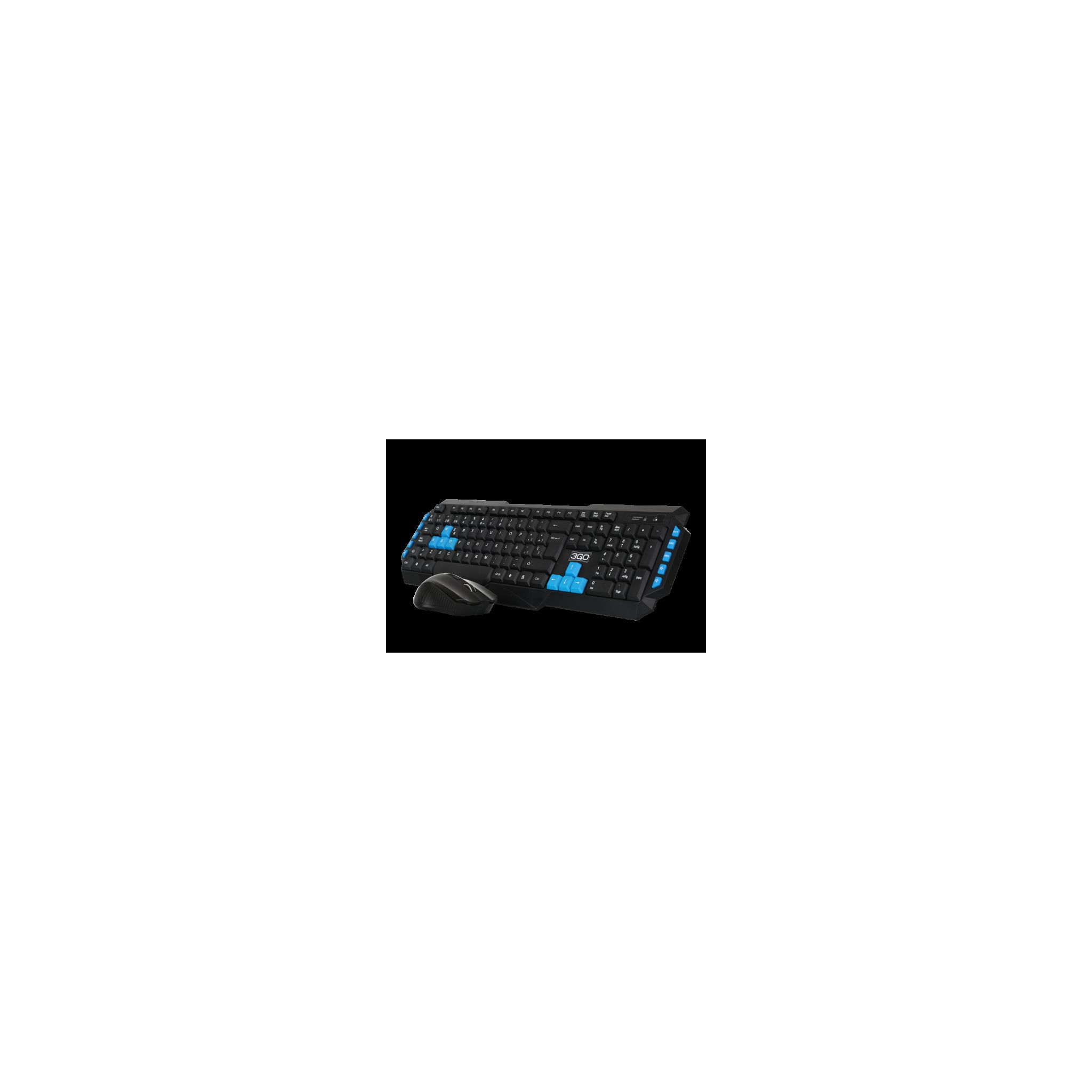 Teclado negro con teclas azules y un ratón. El fondo es blanco.