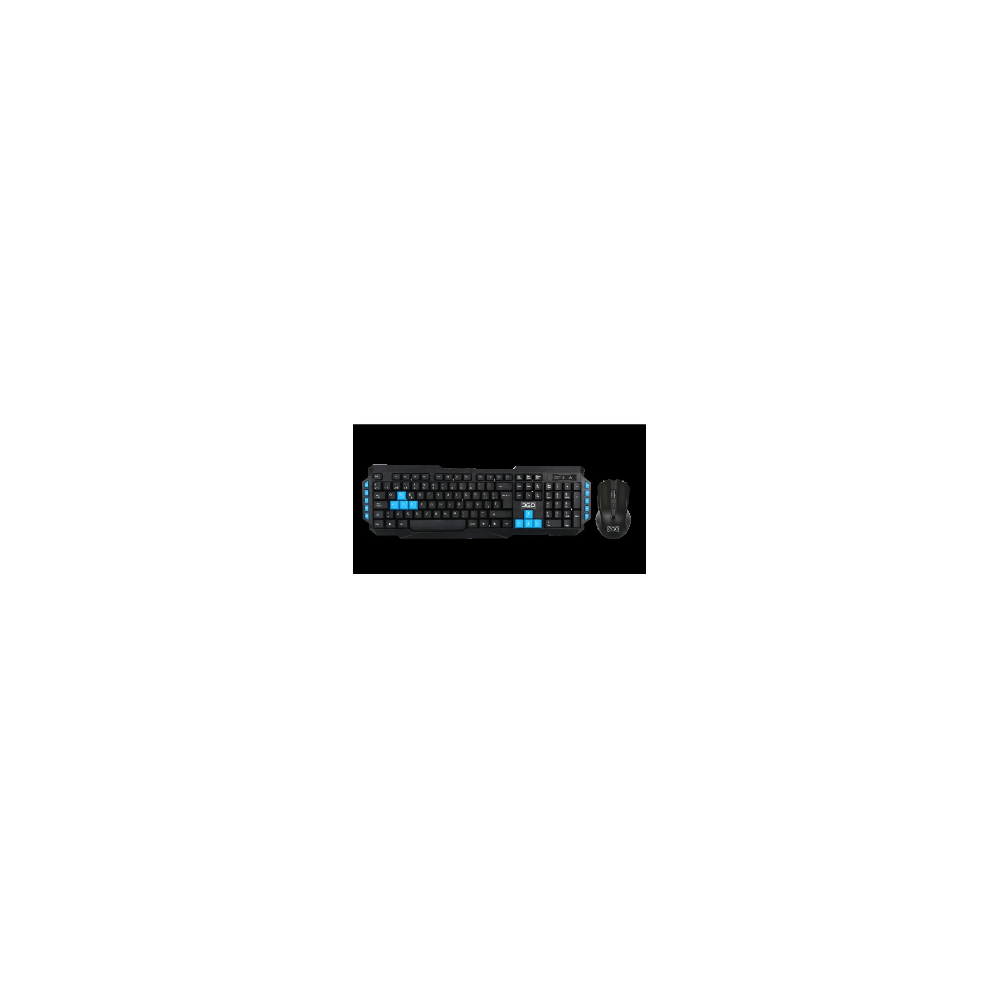 Combo de teclado y ratón negro con detalles azules. Fondo blanco.
