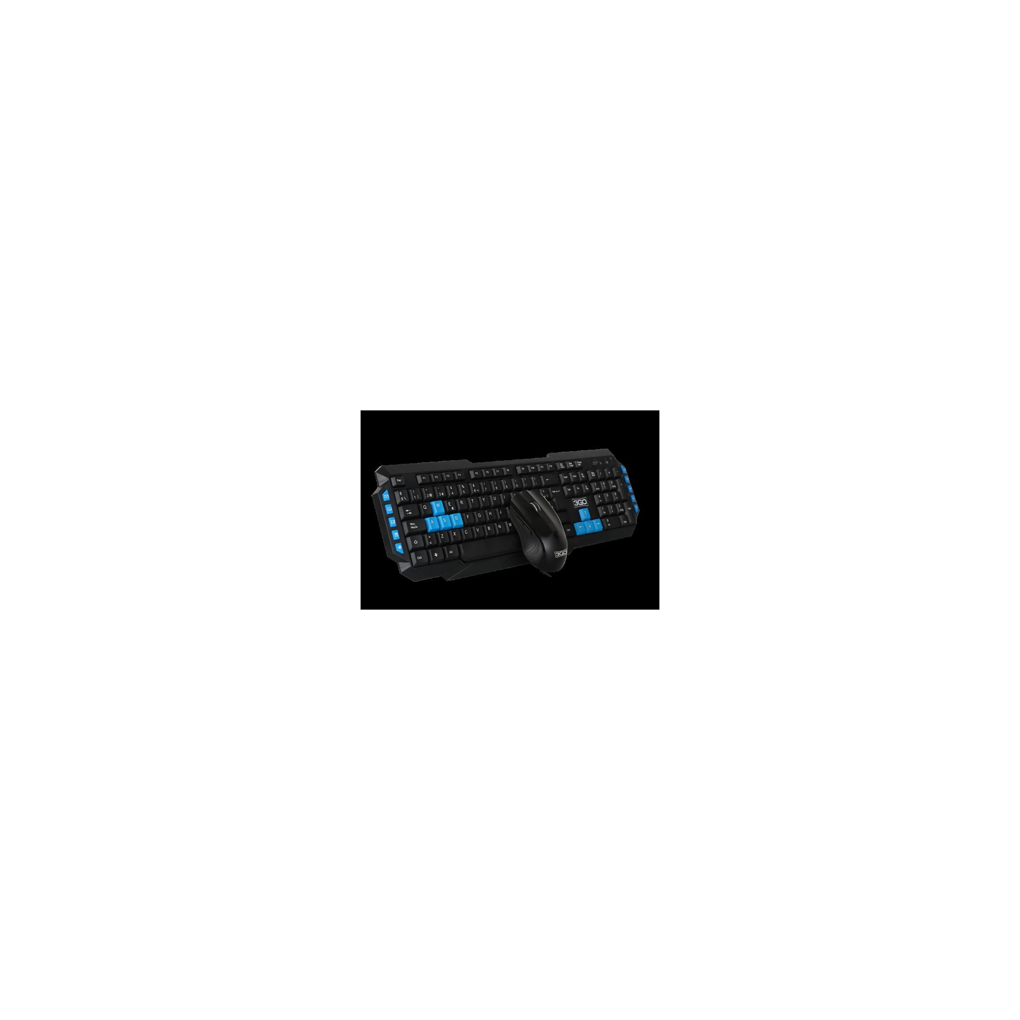 Conjunto de teclado y ratón negros con detalles azules. El fondo es negro.