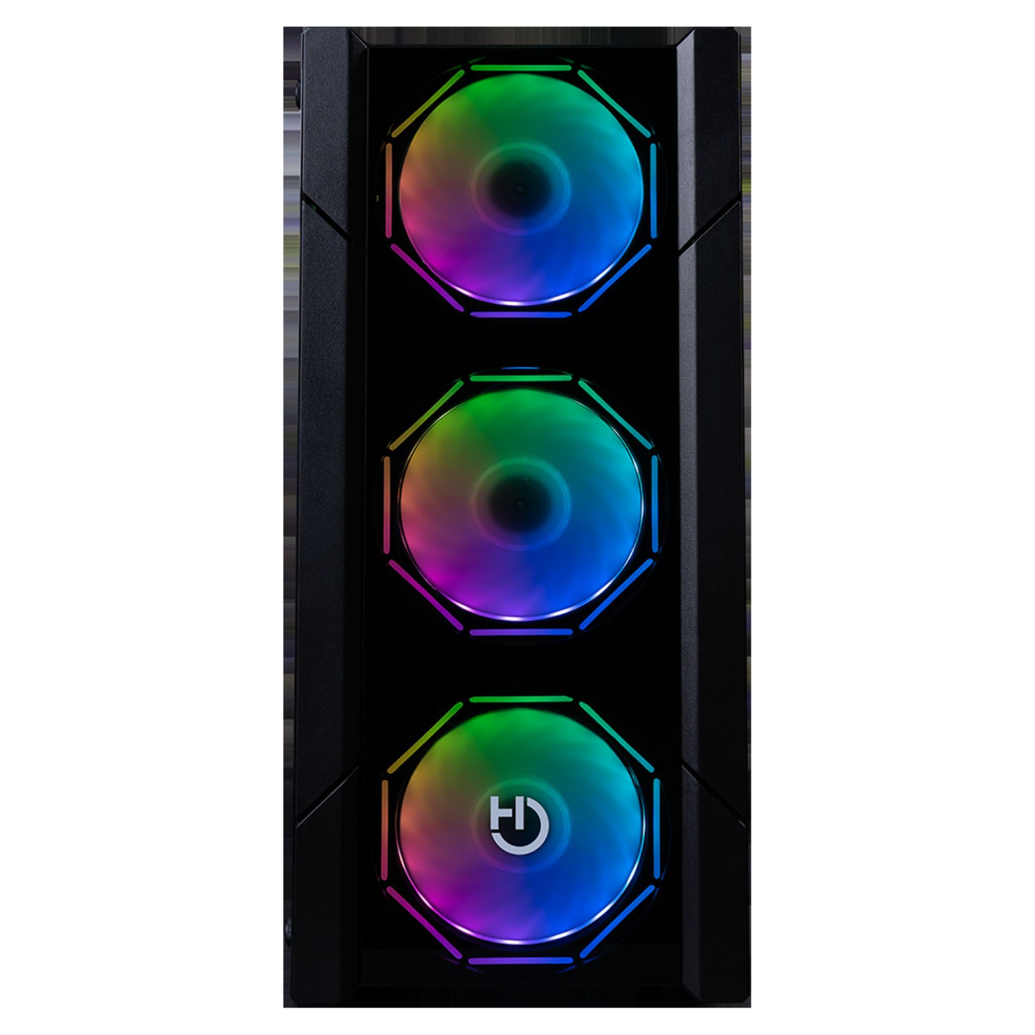 Czarna obudowa komputera z trzema świecącymi, wielokolorowymi wentylatorami.