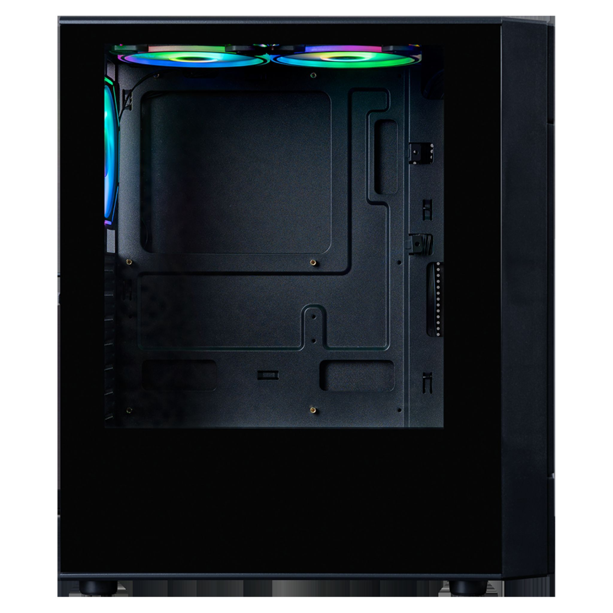 Otwarta czarna obudowa komputera, pokazująca wewnętrzne komponenty i kolorowe wentylatory.