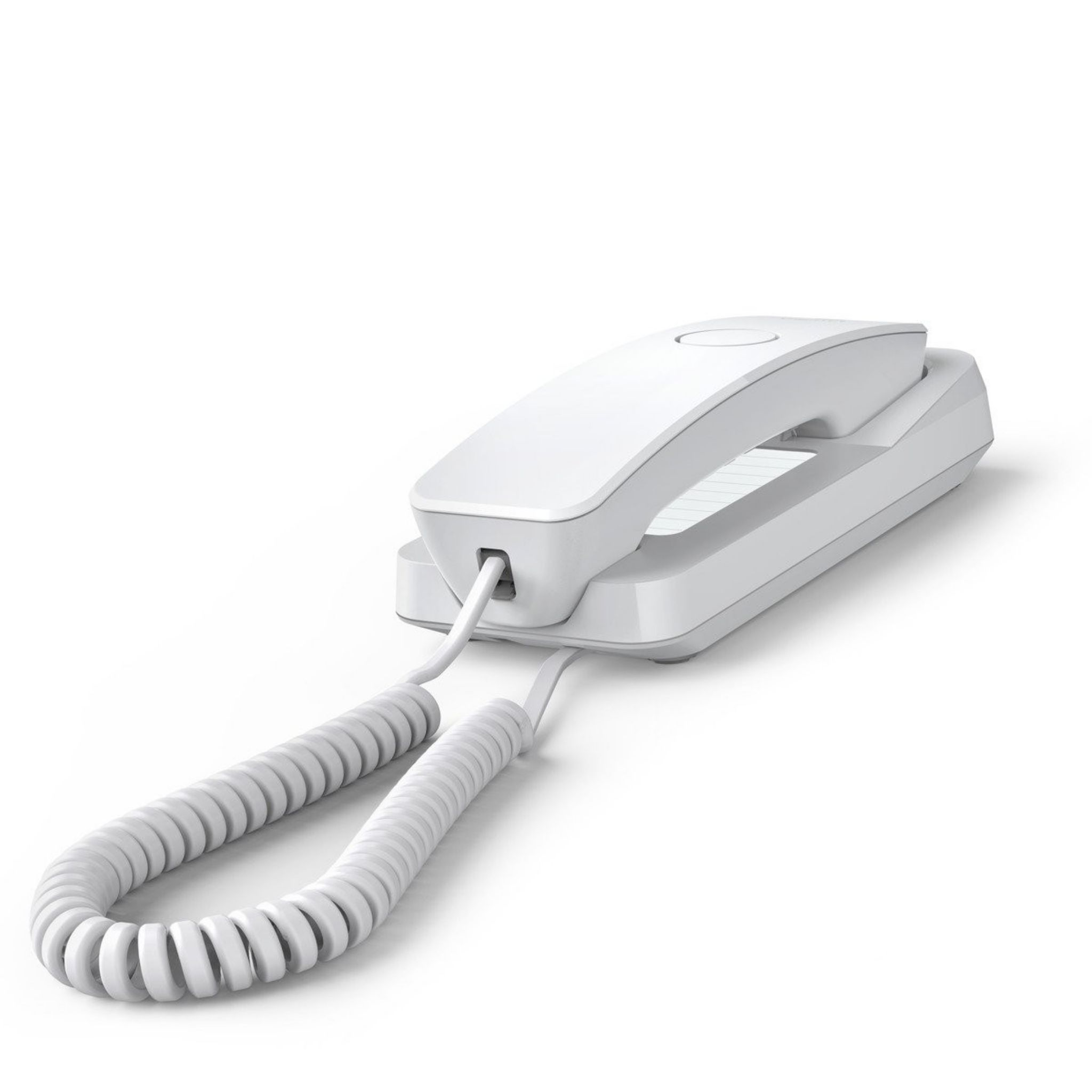 Teléfono blanco con cable en espiral blanco, sobre una superficie blanca.