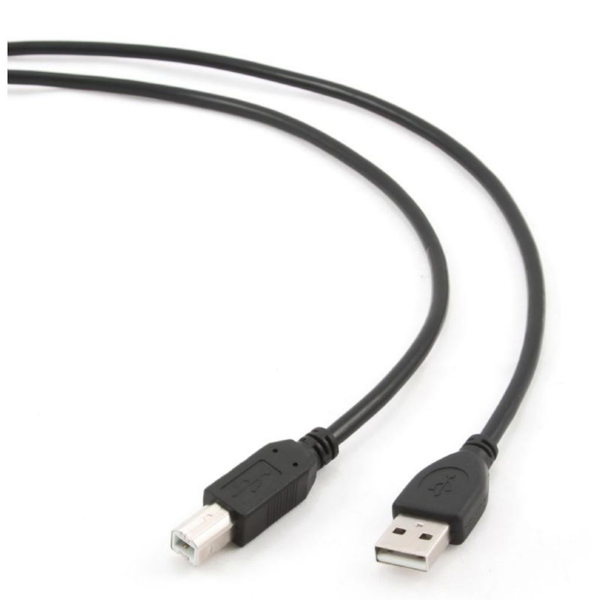 Cavo USB nero con due connettori, uno USB-A e uno USB-B. Sfondo bianco.