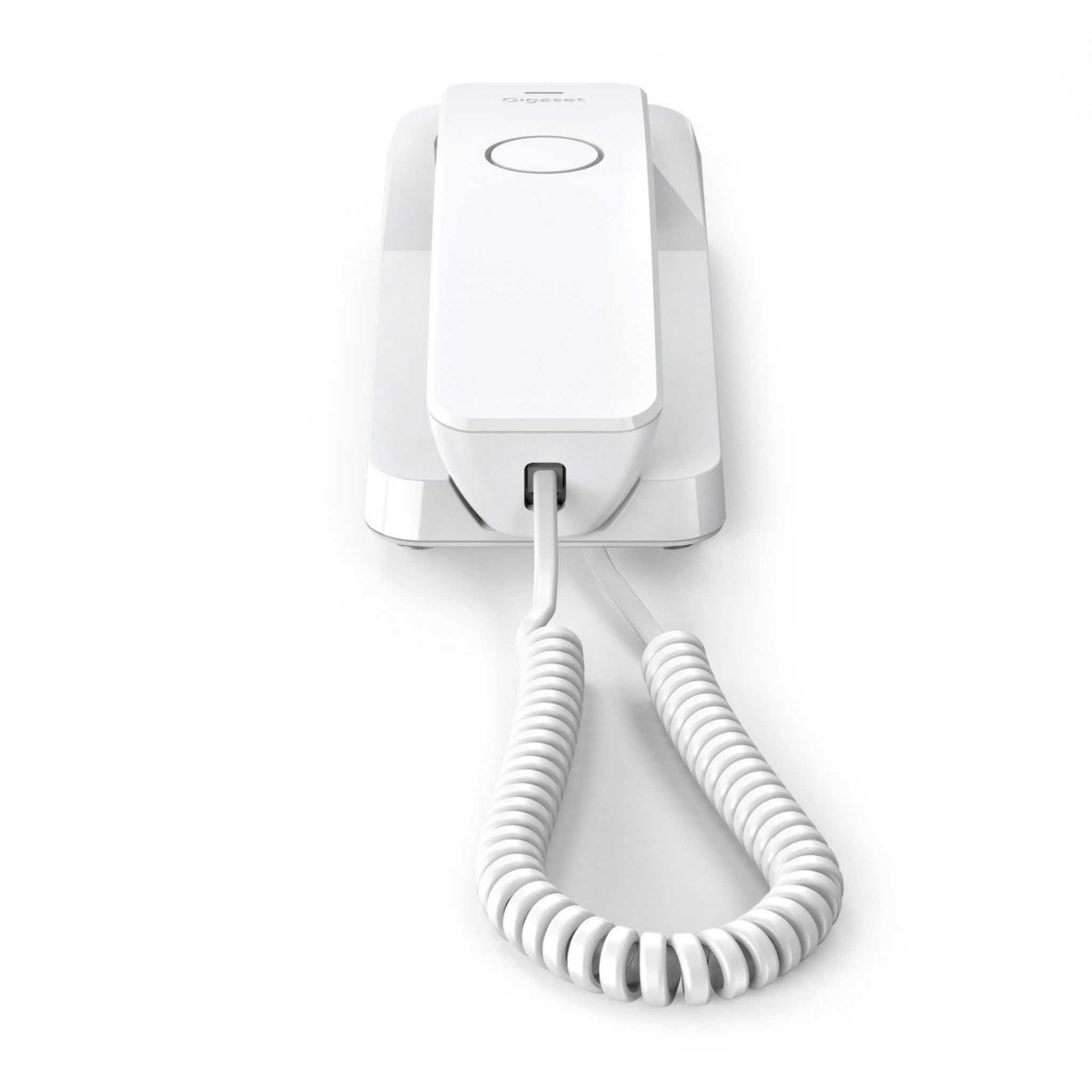 Teléfono blanco con cable en espiral y base. El fondo es blanco.