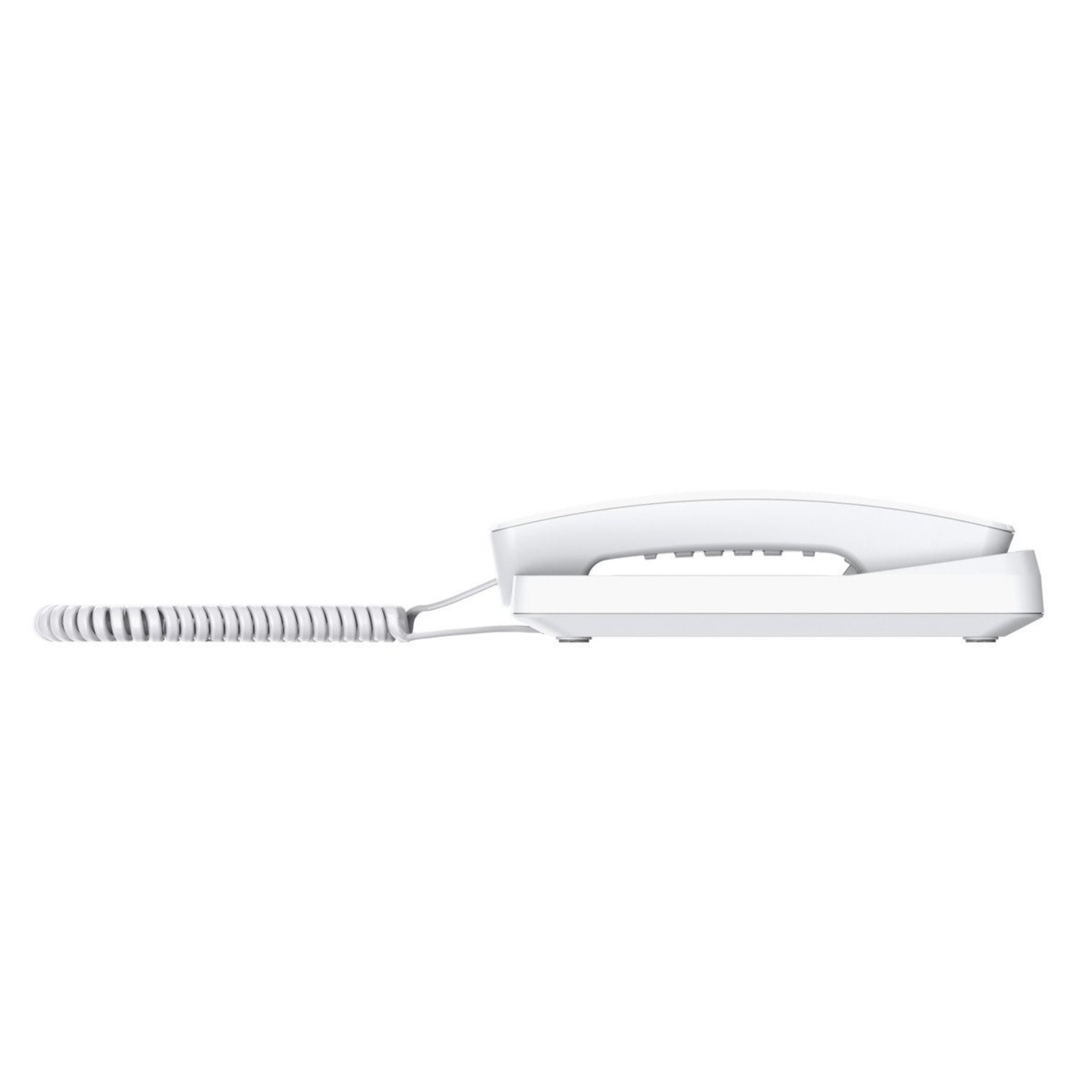 Teléfono fijo blanco, auricular descolgado, con cable en espiral.