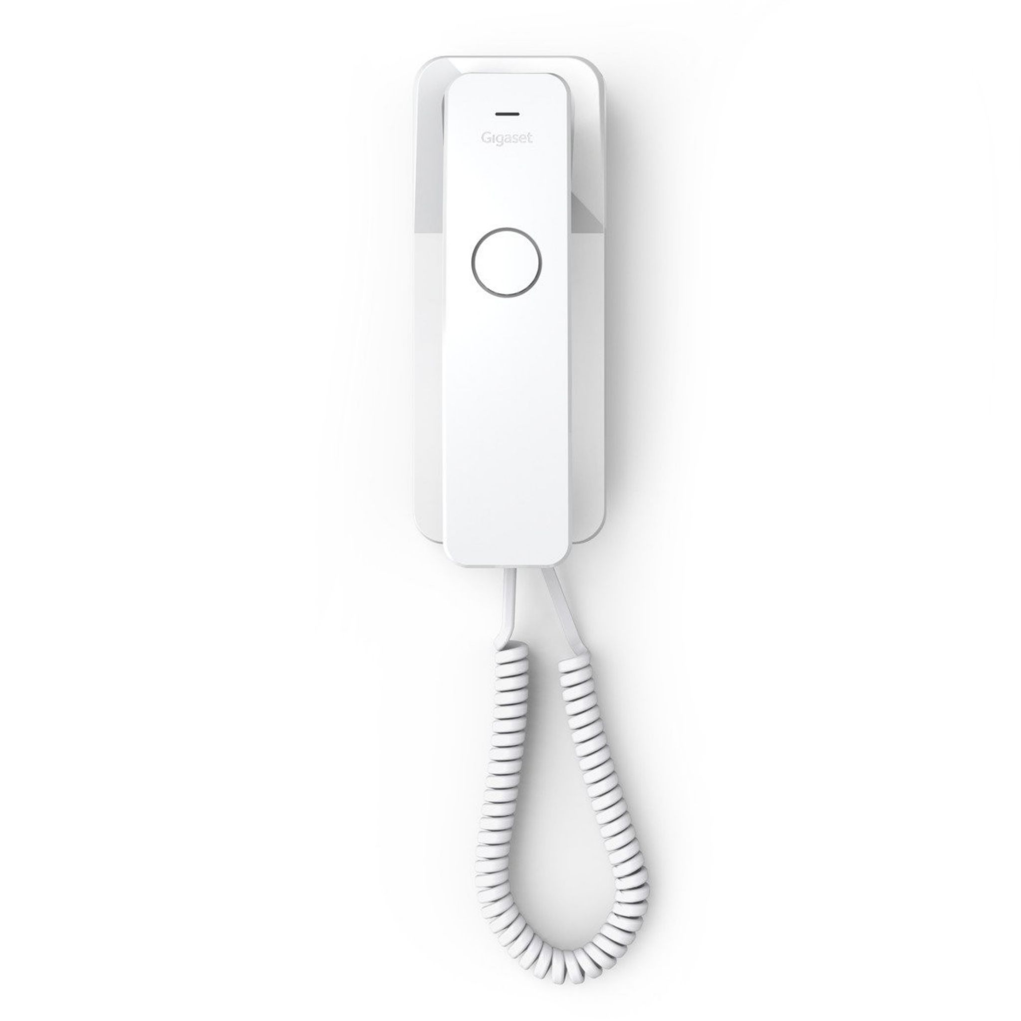 Teléfono Gigaset blanco sobre fondo blanco, vista superior.