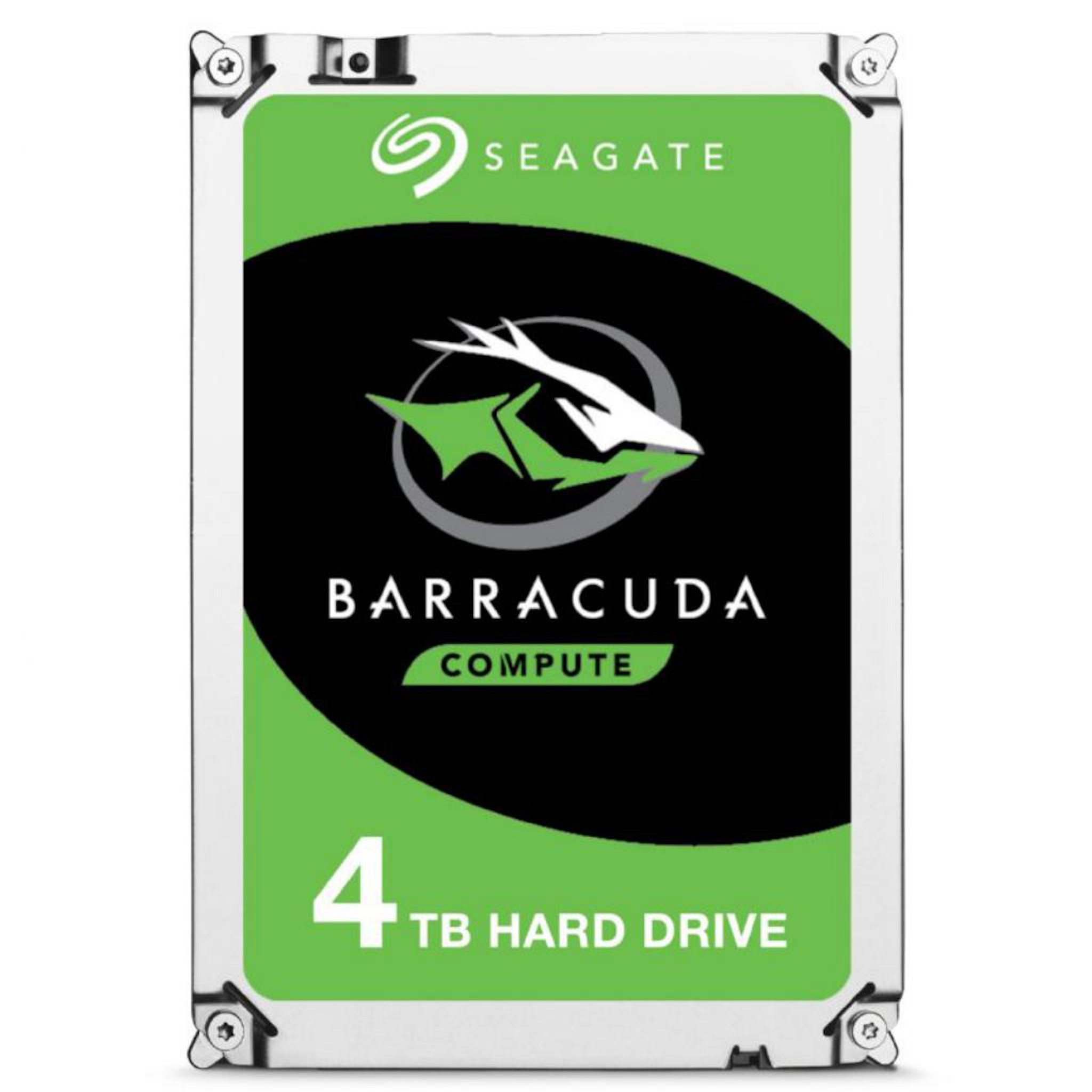 Disco duro Seagate Barracuda 4TB con etiqueta verde y negra.