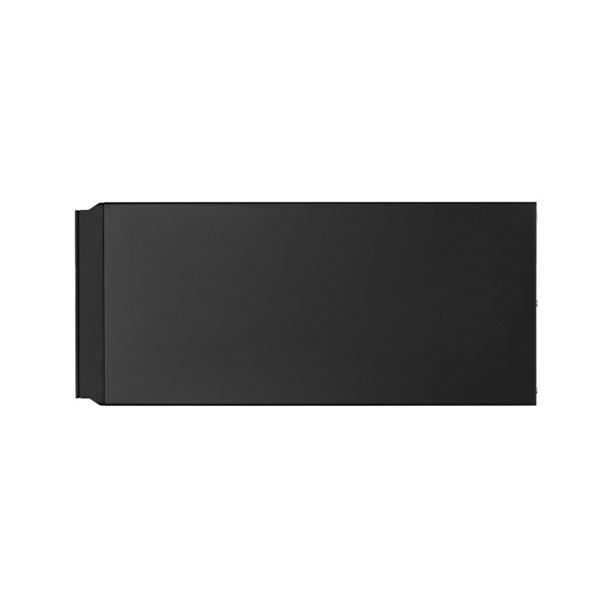 Czarne, prostokątne urządzenie, prawdopodobnie komponent komputera, widok z góry.