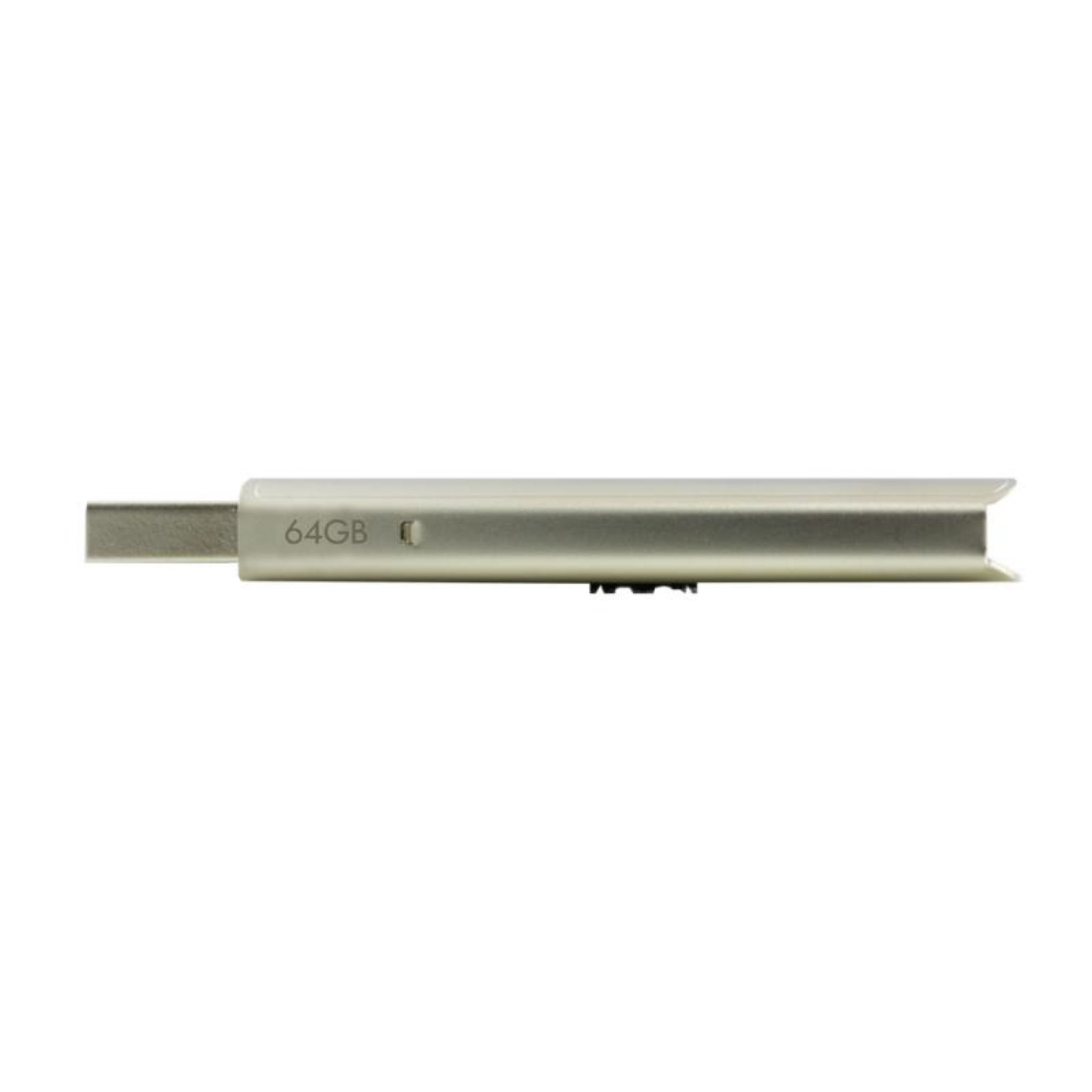 Een zilveren 64GB USB-stick wordt getoond tegen een witte achtergrond.