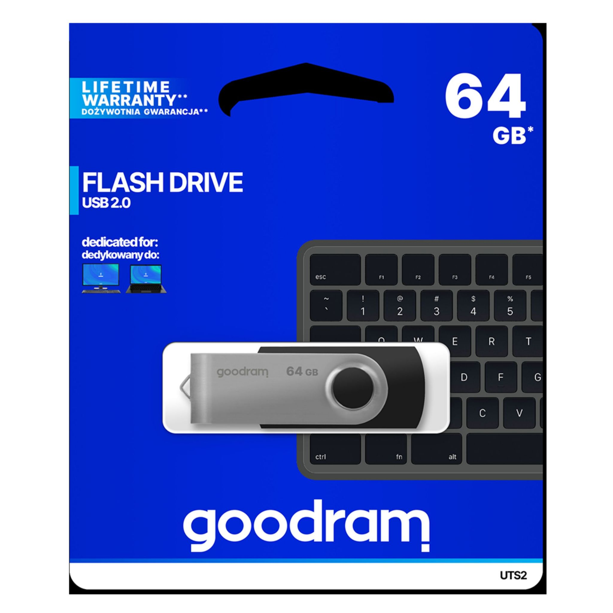 Opakowanie pendrive'a z pendrivem, klawiaturą i tekstem '64 GB'.