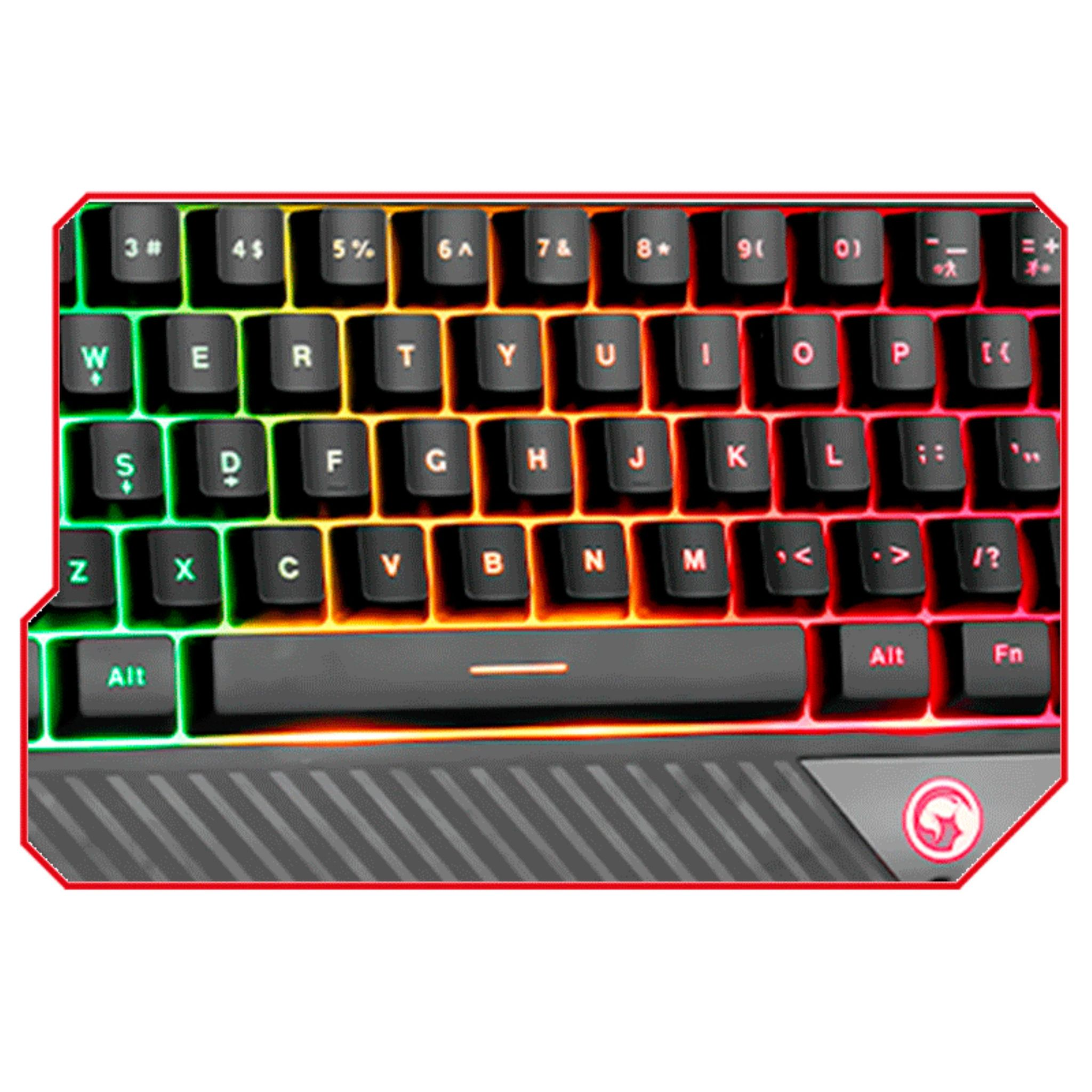 Un teclado iluminado con teclas coloridas. Las teclas tienen letras y números.
