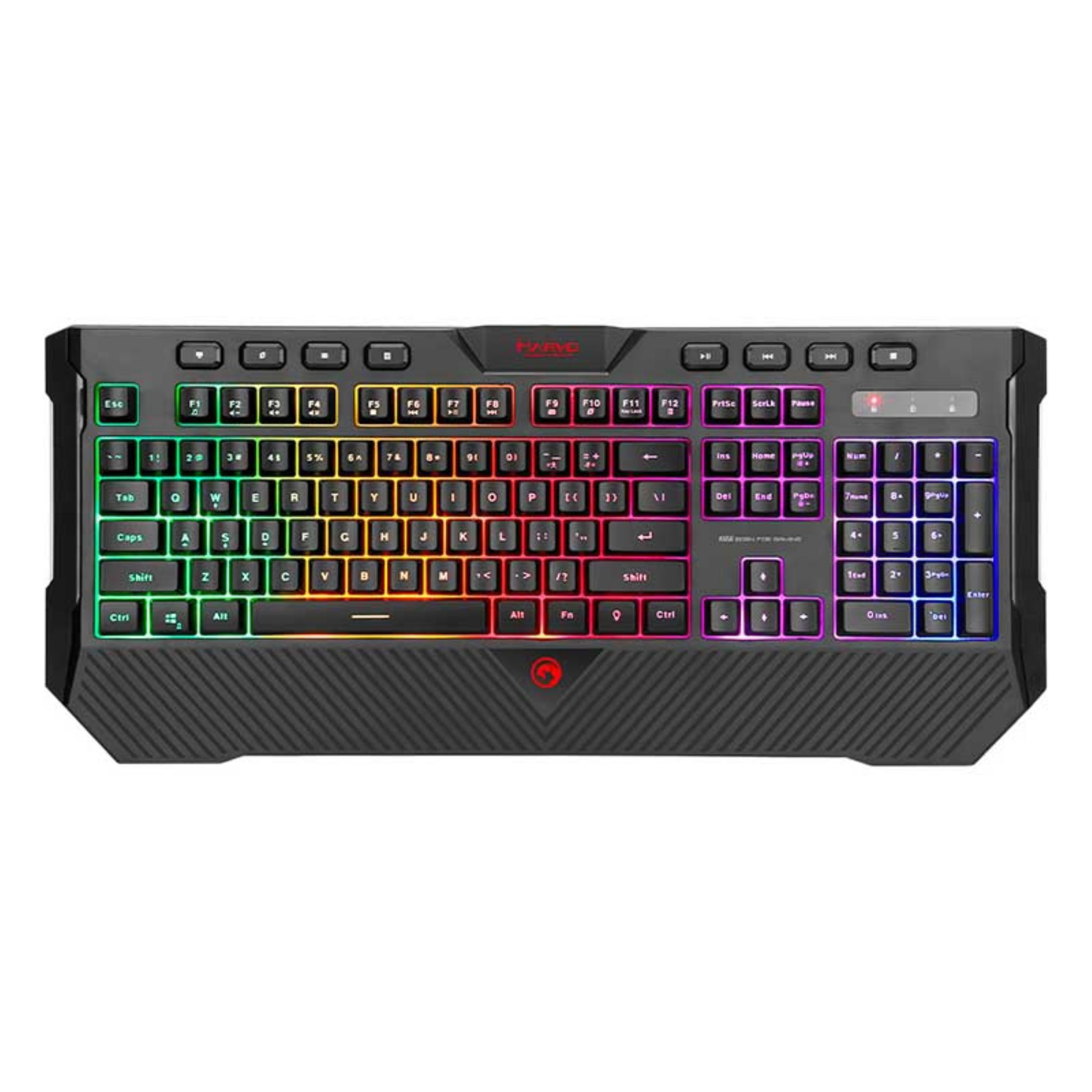 Teclado gaming negro con teclas coloridas. Logo Farve rojo en el centro superior.